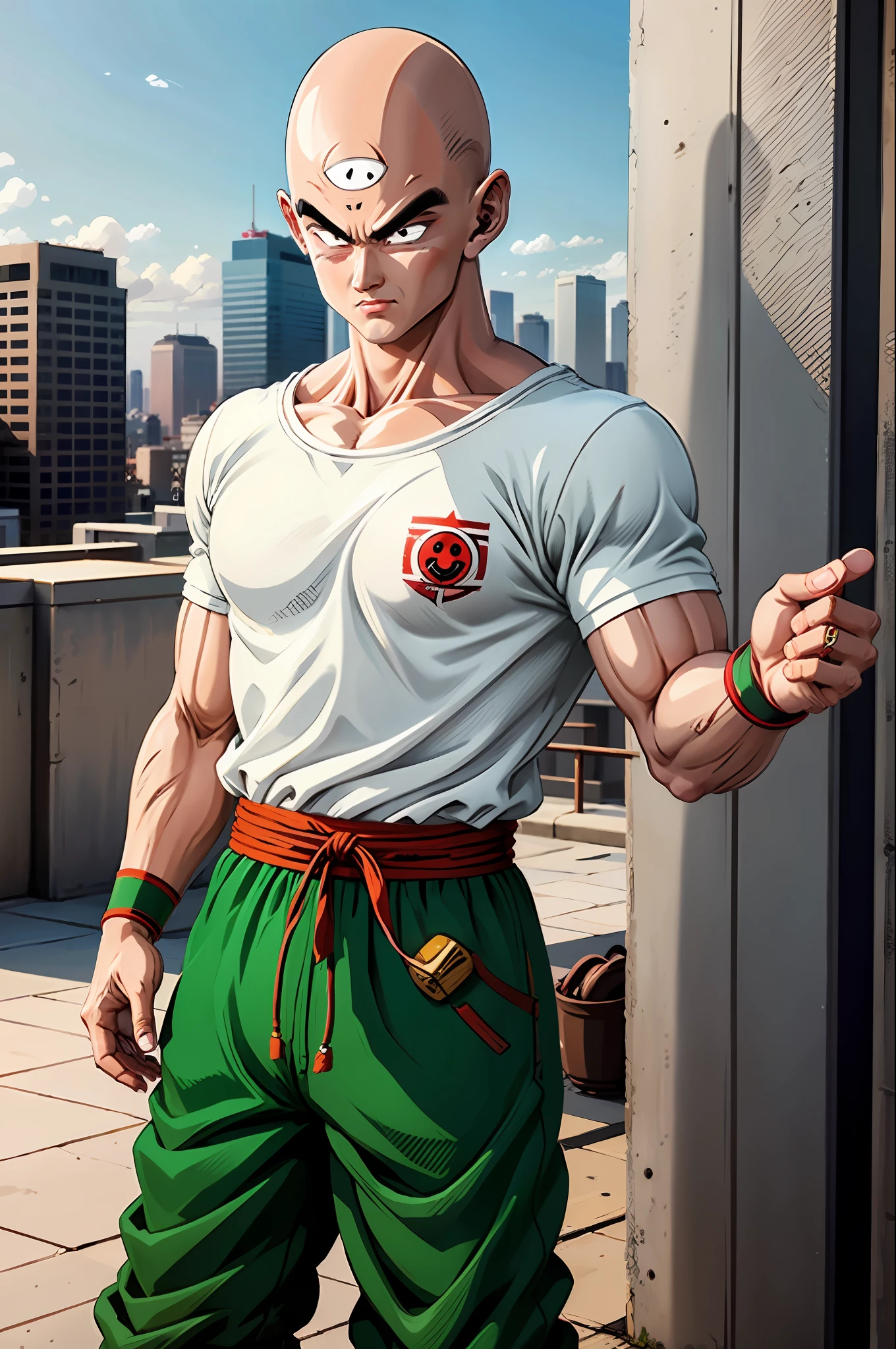 masterpiece, best quality,  solo,anime coloring, a cowboy shot of a tien with ((third eye:1.2)) and black eyes, white t-shirt,red sash, green pants, green wristbands, outdoors next to a ring,bald