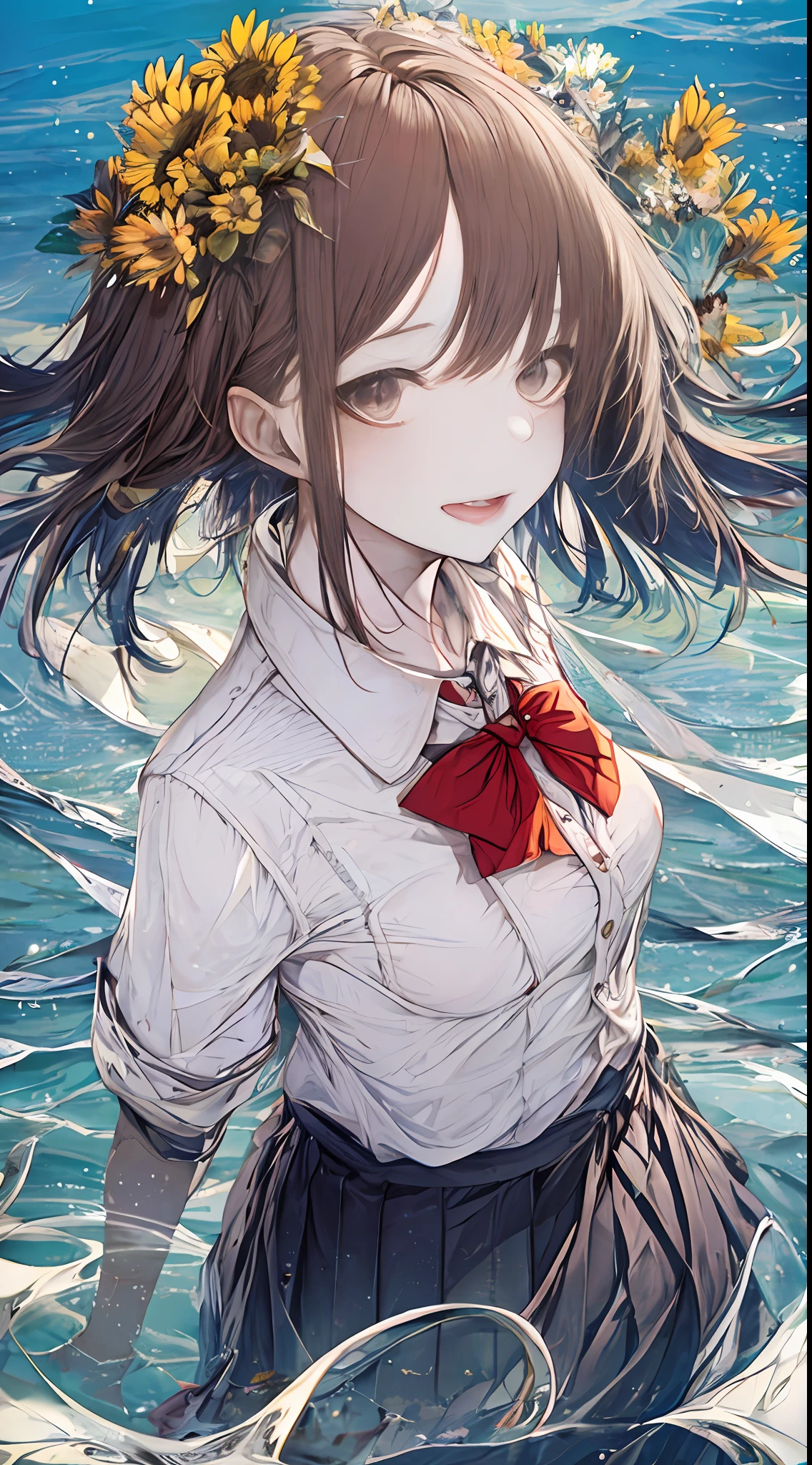 1girll, :d, air_bubble, arm_up, By bangs, bare_legs, The barefoot, sea beach, blue_skirt, blue_sky, Be red in the face, das boot, Bow knot, neck bowtie, breast_pocket, nedium breasts, brown_eyes, brown_hair, foamy, Caustics, Clouds, cloudy_sky, 鎖骨, collared_shirt, daysies, dress_shirt, earth_\(planetes\), eyebrows_visible_through_hair, floating_hair, florals, hair_flower, hair_ornament, hair pin, halter, holding_flower, horizon, island, lake, leg_up, long_hair, looking_at_viewer, medium_breasts, mont, mountainous_horizon, the ocean, open_mouth, orange_flower, exteriors, pink_flower, pleated_skirt, chii, pool-side, red_bow, red_bowtie, red_flower, flod, sand, school_uniform, shallow_water, The shirt, prop up, short_sleeves, signatures, a skirt, skirt_hold, Skysky, ssmile, 独奏, spatter, standing on your feet, standing_on_one_leg, streaked, striped_bow, striped_bowtie, himawari, sunflower_hair_ornament, rays of sunshine, swimming uniform, teeth, upper_teeth, wading, walking_on_liquid, Eau, water_drop, vessels, wave, dampness, white_flower, white_shirt, yellow_flower,Back Shadow,First perspective