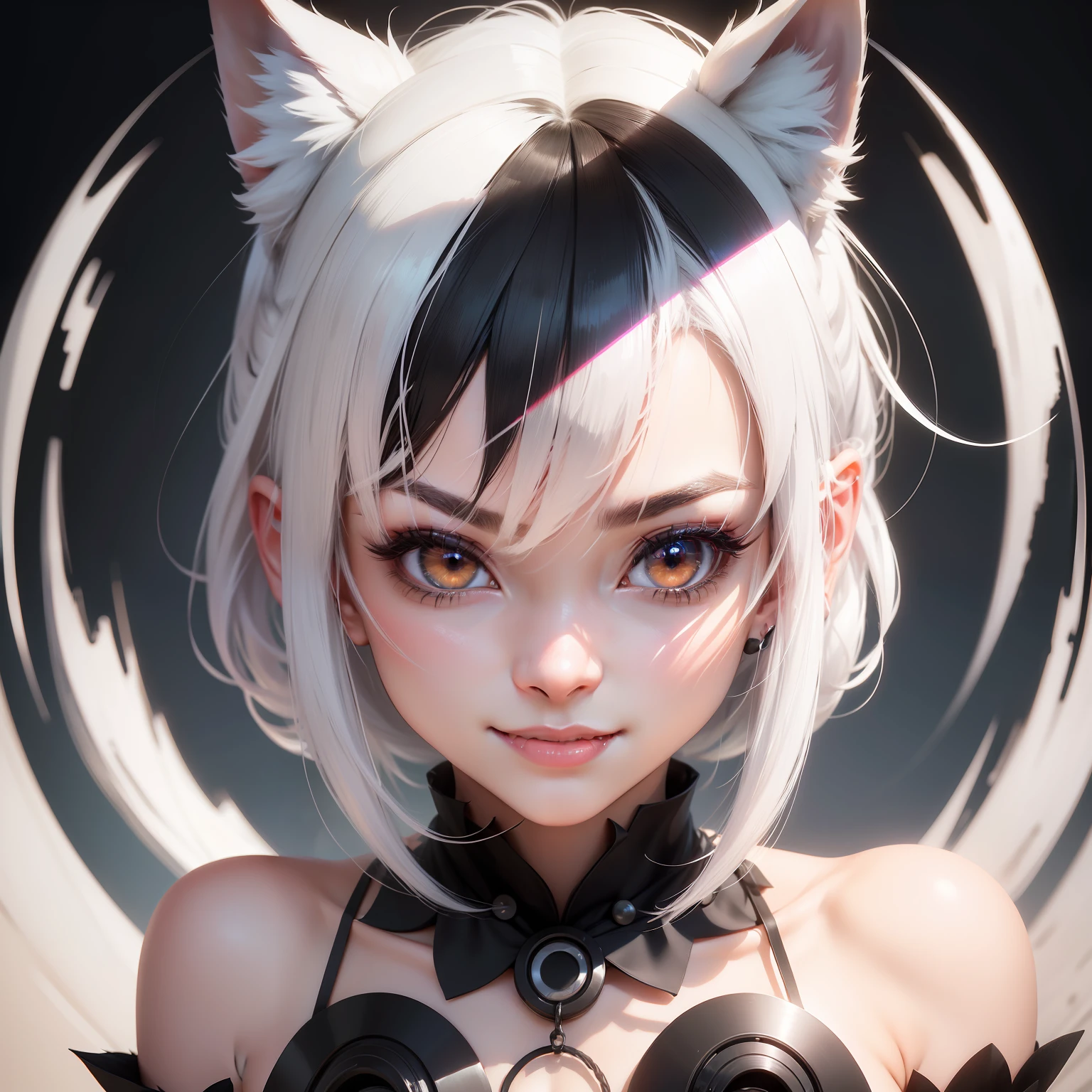 black hair, hair bobbles, wince, longeyelashes, solid circle eyes, fake animal ears, light smile, ear blush, fang, white hair, Surrealism, drop shadow, anaglyph, stereogram, tachi-e, pov, atmospheric perspective, cinematic lighting, 8k, super detail, ccurate, best quality