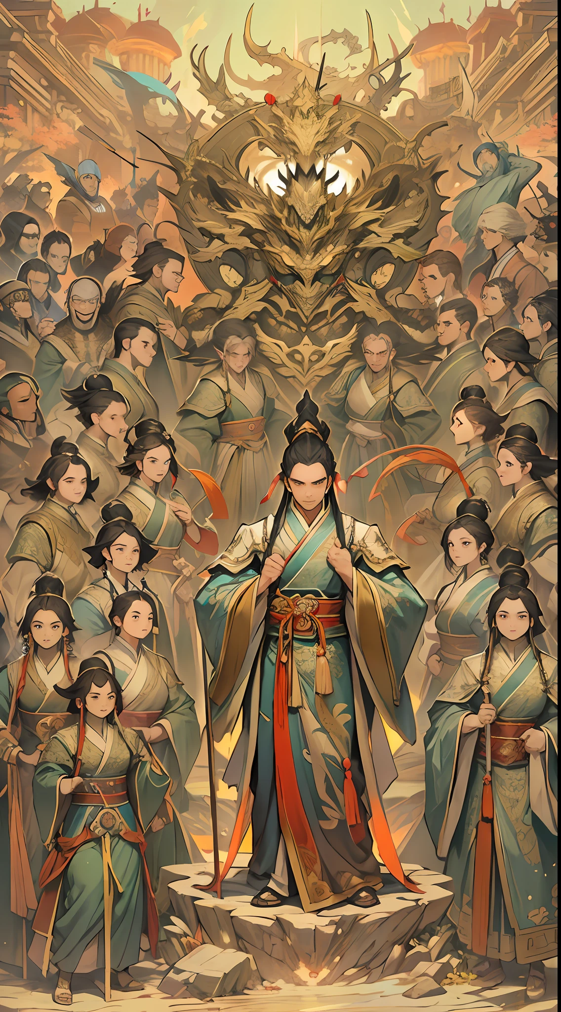 A group of young and energetic people gathered together, with a strong aura emanating from them. Among them, Li Gu stands tall and straight, with eyes shining with determination. Representatives of the eight major forces stand in the distance, looking at them with contempt and disdain, , 32k, best quality, masterpiece, super detail, high details