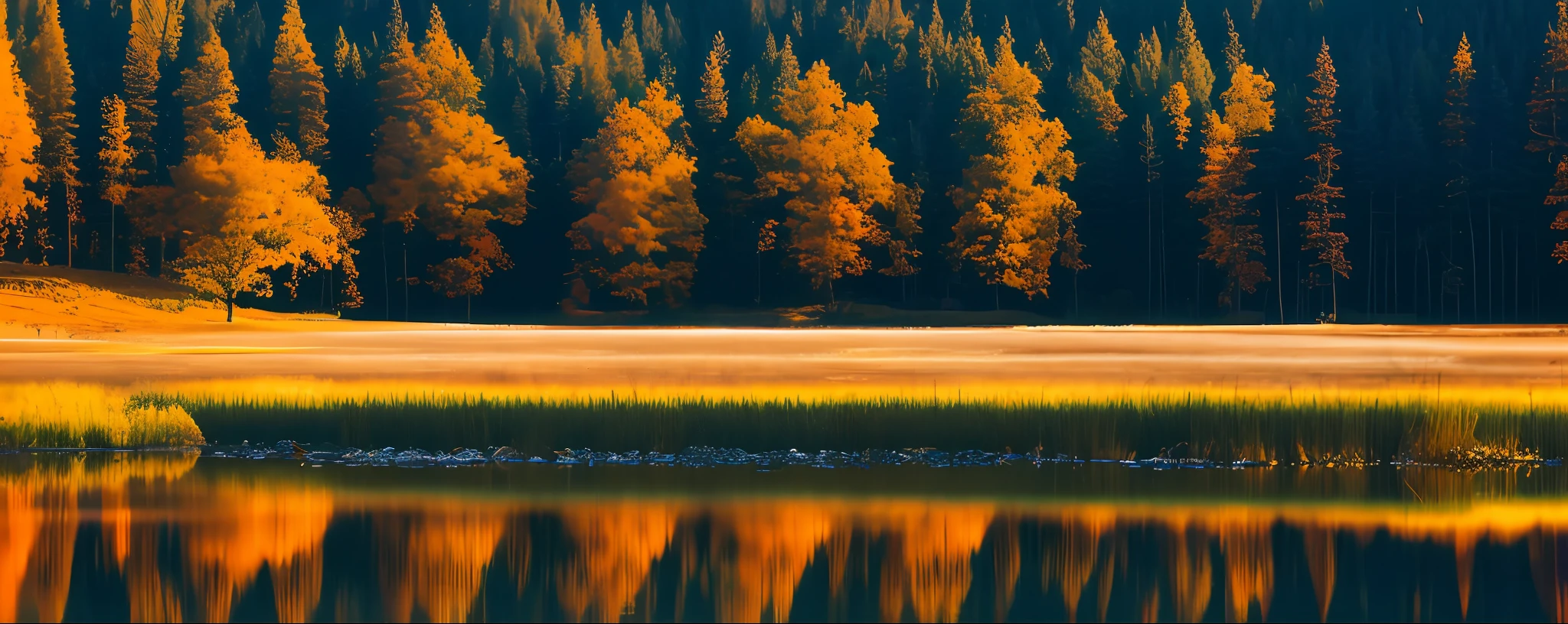 The sunset and the lone duck fly together, and the autumn water is the same color as the sky