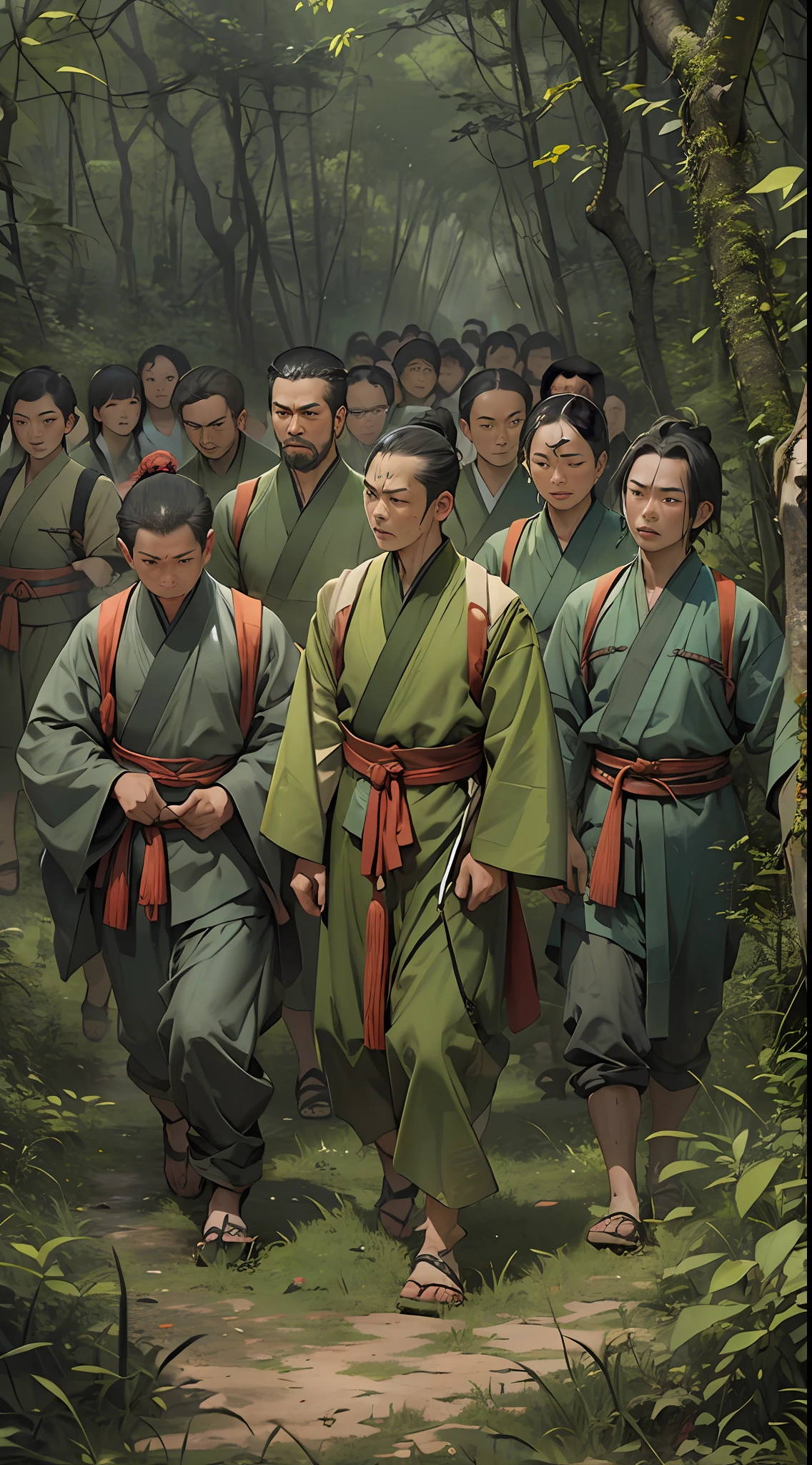 Members of the Ling Shan group walking out of a dense forest, exhausted and sweaty. Li Gu stands in their midst, with a calm and determined expression on his face. Representatives of other forces stand in the distance, their eyes filled with contempt and ridicule, , 32k, best quality, masterpiece, super detail, high details,