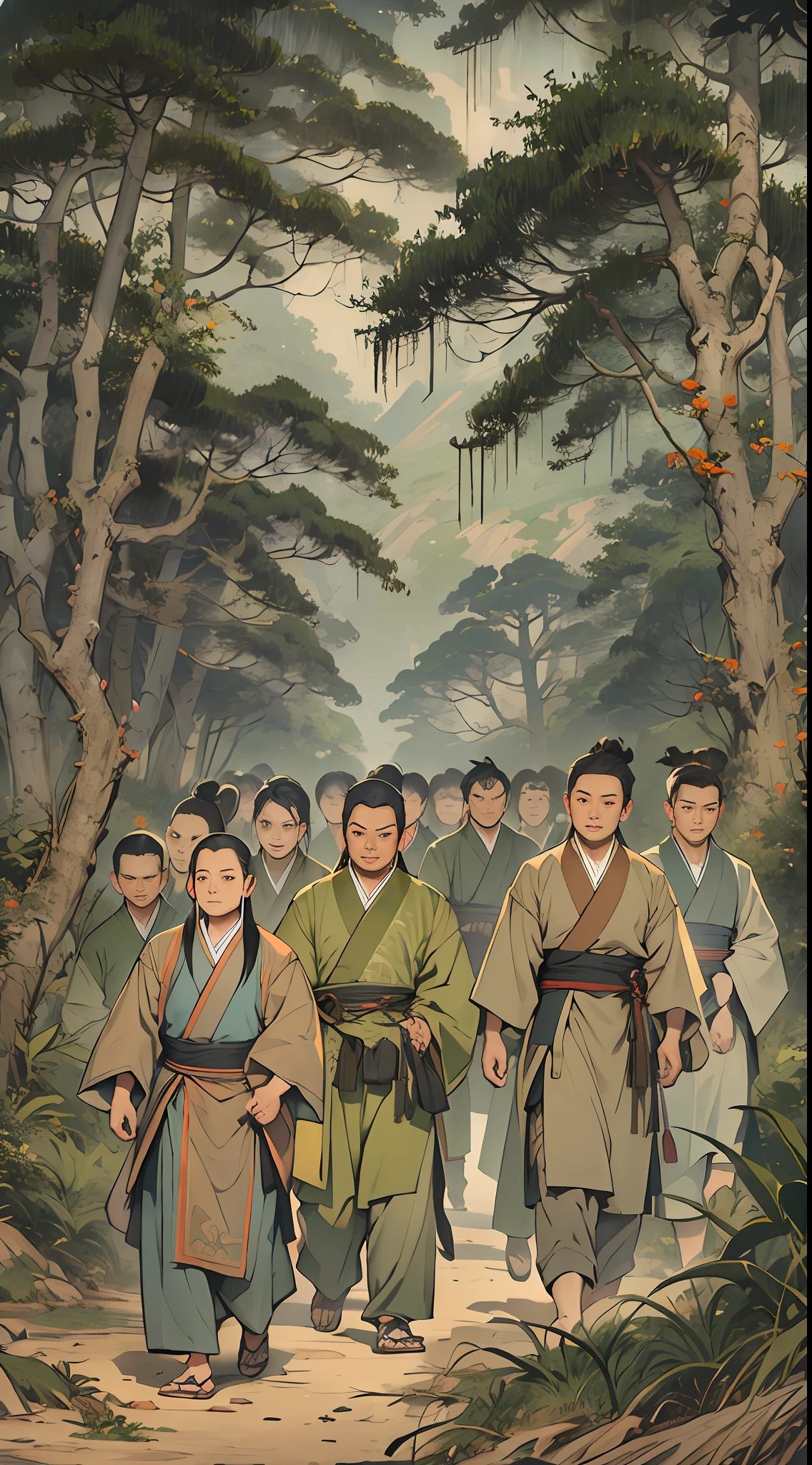 Members of the Ling Shan group walking out of a dense forest, exhausted and sweaty. Li Gu stands in their midst, with a calm and determined expression on his face. Representatives of other forces stand in the distance, their eyes filled with contempt and ridicule, , 32k, best quality, masterpiece, super detail, high details,