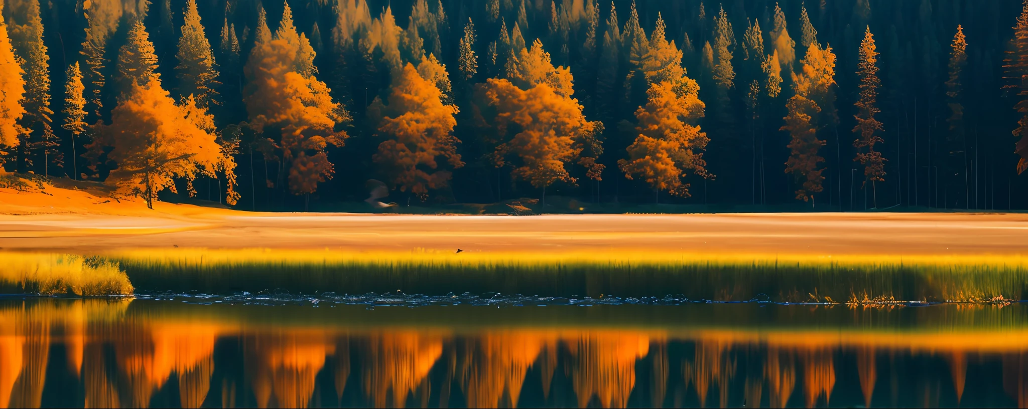 The sunset and the lone duck fly together, and the autumn water is the same color as the sky