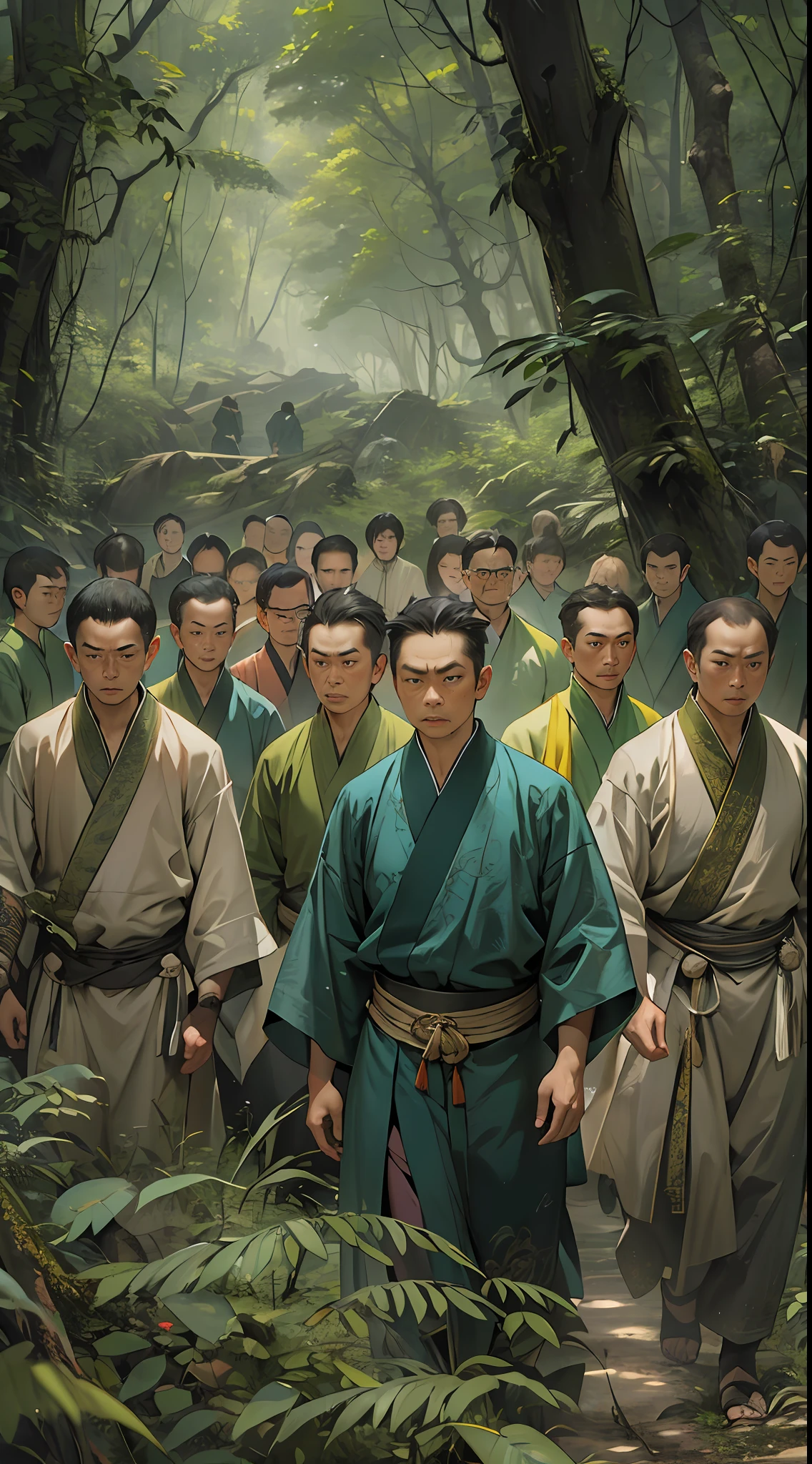 Members of the Ling Shan group walking out of a dense forest, exhausted and sweaty. Li Gu stands in their midst, with a calm and determined expression on his face. Representatives of other forces stand in the distance, their eyes filled with contempt and ridicule, , 32k, best quality, masterpiece, super detail, high details,