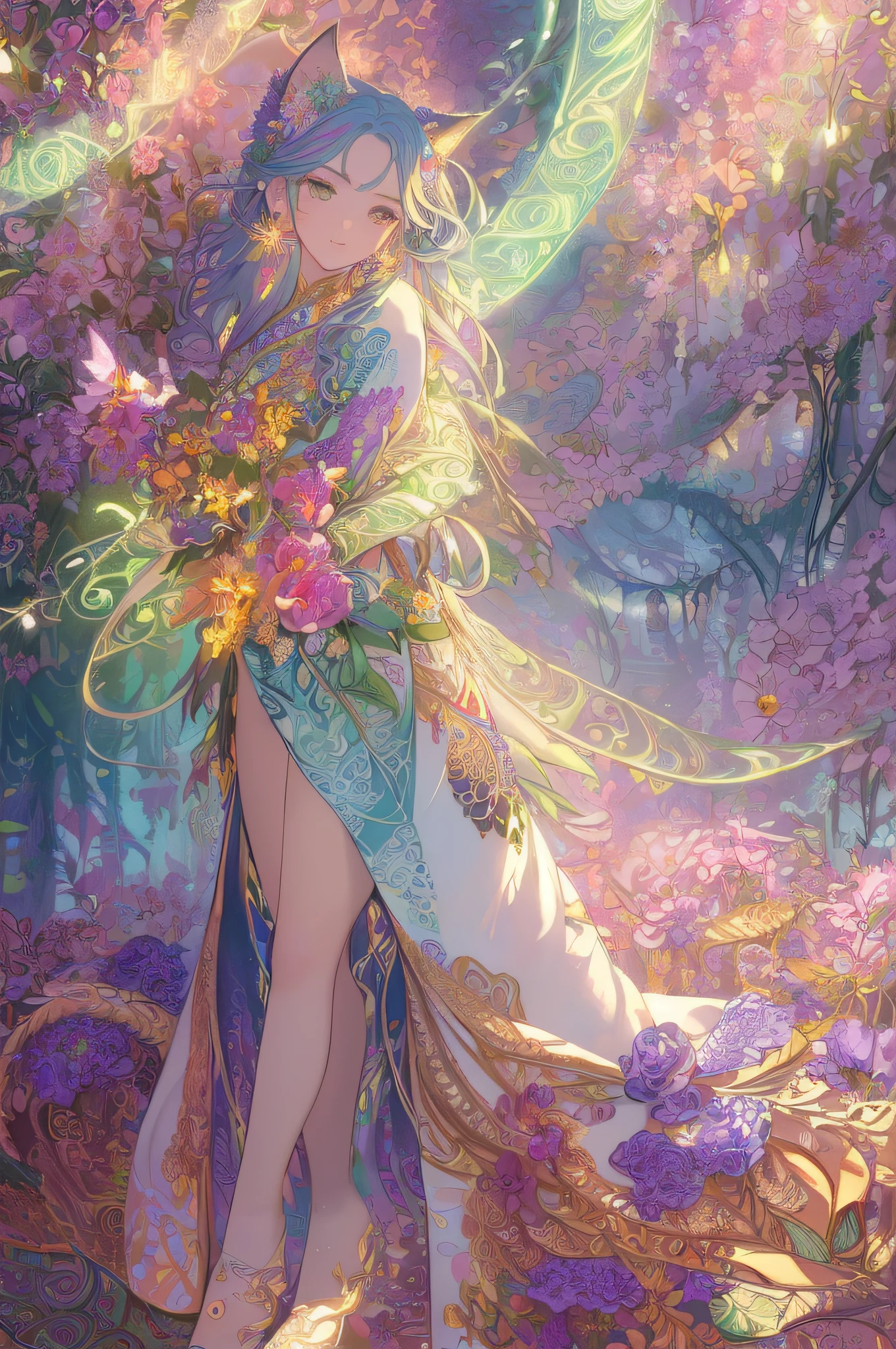 (masterpiece,beautiful and aesthetic:1.2), (1girl:1.3), extremely detailed,(fractal art:1.1),(colorful:1.1)(flowers:1.3),highest detailed,(zentangle:1.2), (dynamic pose), (abstract background:1.3), (shiny skin), (many colors:1.4),(earrings), (tail of light :1.5),ivy frame,