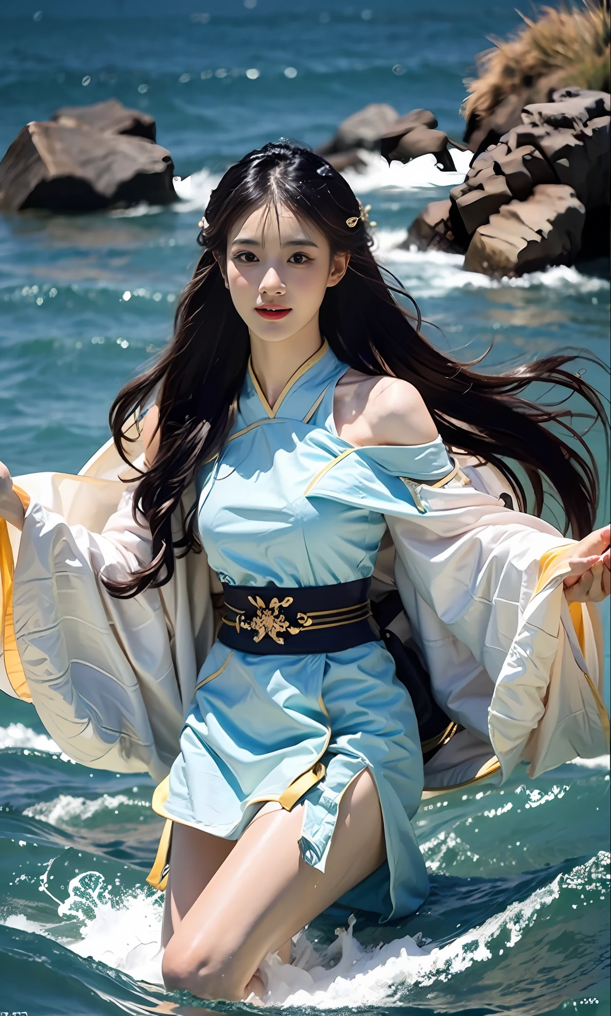 (extremely detailed CG unity 8k wallpaper,masterpiece, best quality, ultra-detailed),(incredible lighting, dynamic camera angle),water sword, blue water splashing,stream, flowing water, beautiful girl with long black hair, elegant wuxia dress,watercolor, 70's retro filter.