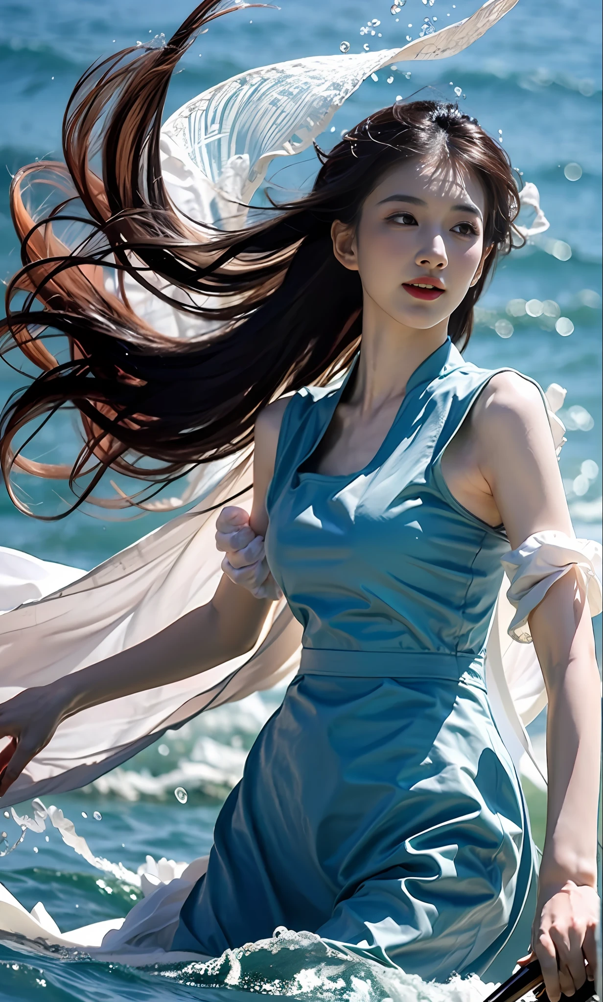 (extremely detailed CG unity 8k wallpaper,masterpiece, best quality, ultra-detailed),(incredible lighting, dynamic camera angle),water sword, blue water splashing,stream, flowing water, beautiful girl with long black hair, elegant wuxia dress,watercolor, 70's retro filter.