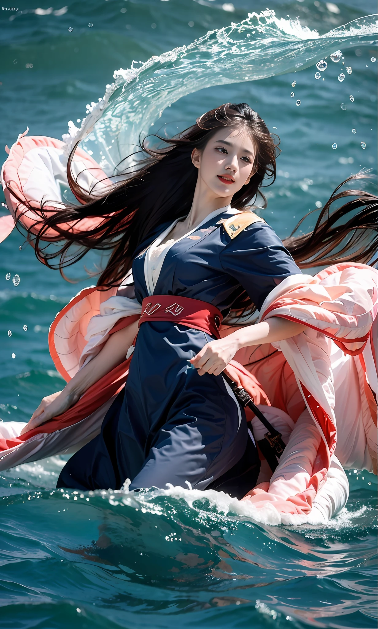 (extremely detailed CG unity 8k wallpaper,masterpiece, best quality, ultra-detailed),(incredible lighting, dynamic camera angle),water sword, blue water splashing,stream, flowing water, beautiful girl with long black hair, elegant wuxia dress,watercolor, 70's retro filter.