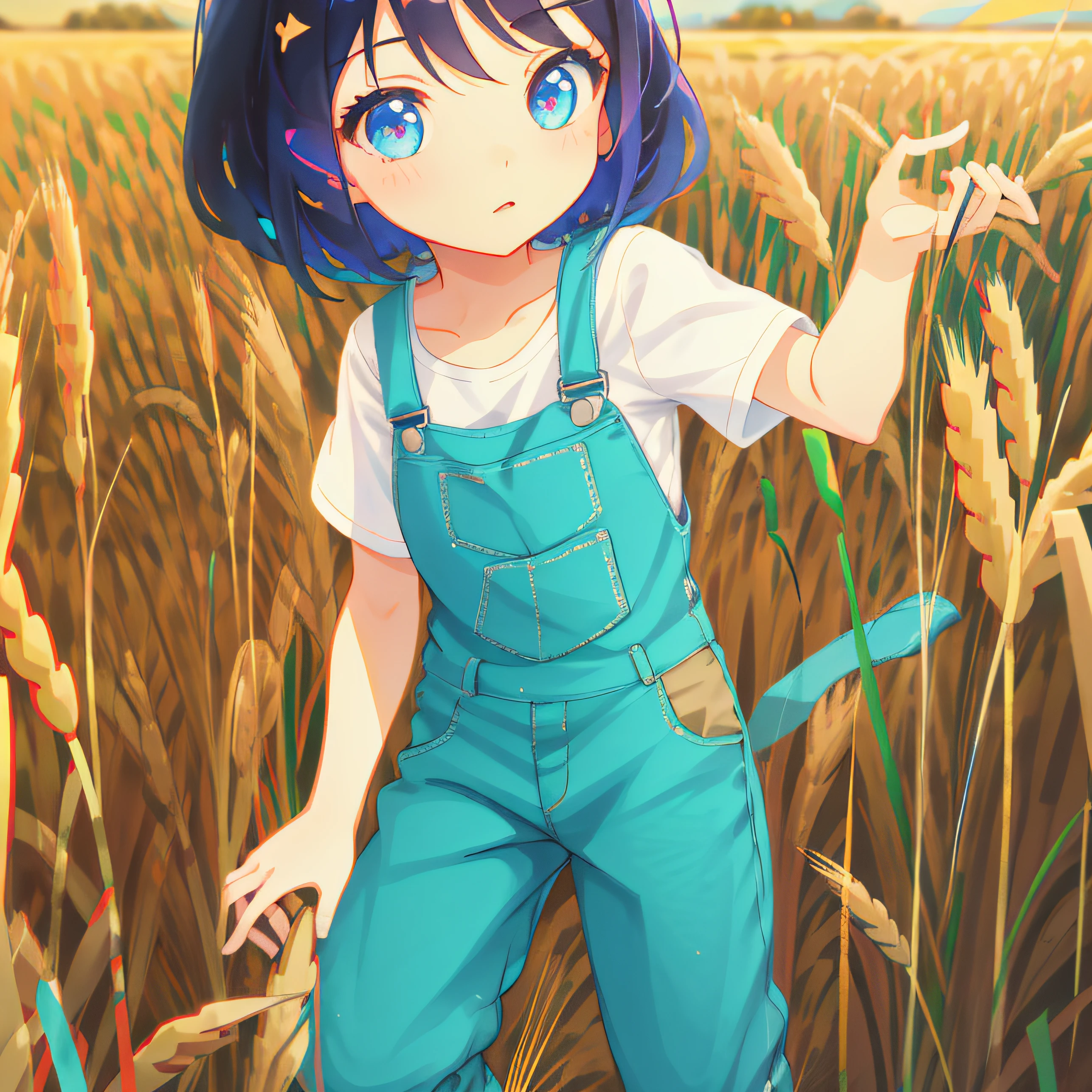 Anime girl with blue eyes in a ryefield, Ilya Kuvshinov landscape, in a wheat field, anime moe art style, style of anime4 K, Ilya Kuvshinov. 4 k'', in field high resolution, Anime art wallpaper 8 K, Blue overalls, full body portrait of a short!, on the vast wheat fields, 4k manga wallpapers
