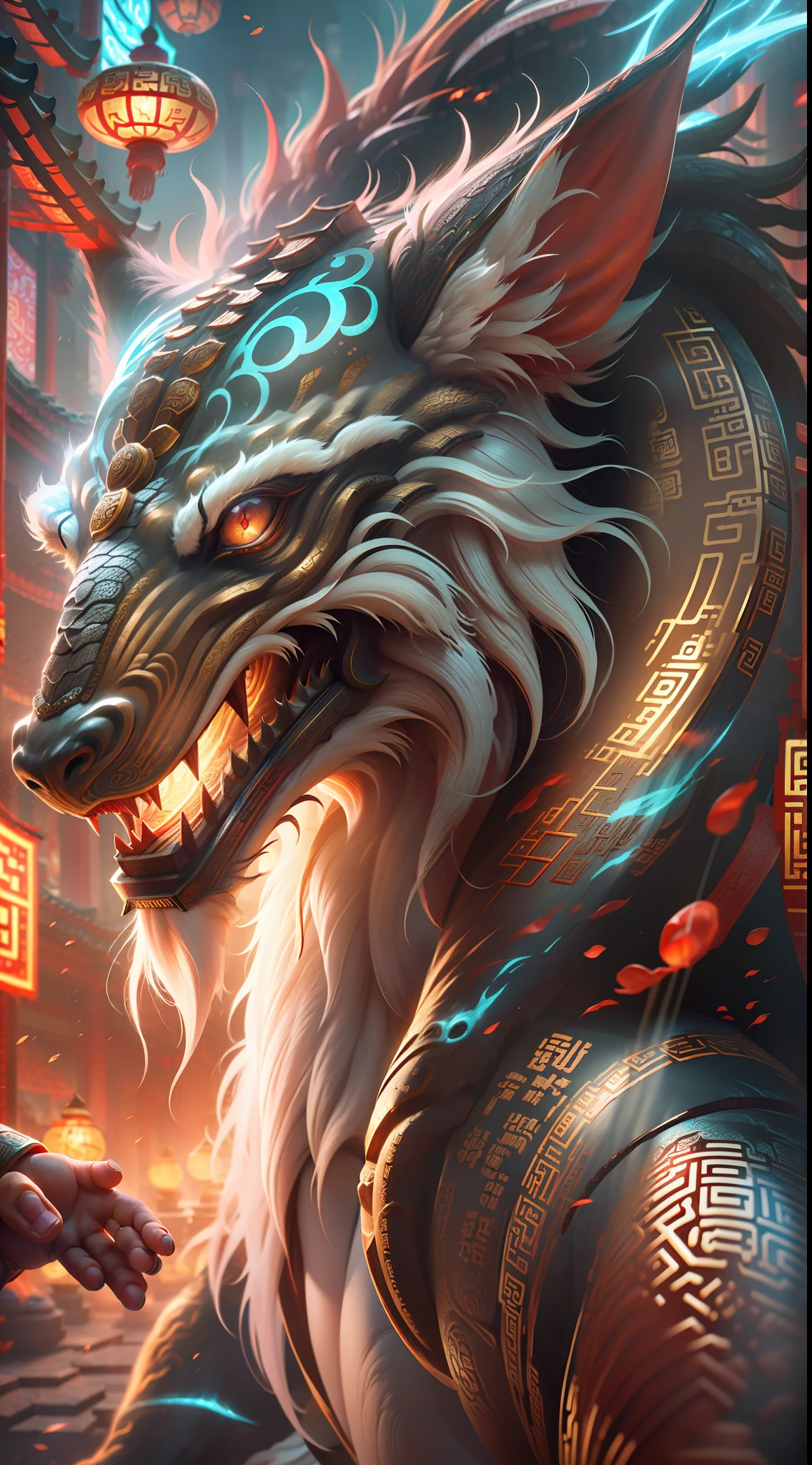 (Chinese ancient mythical beast + Chinese mythology + full of vitality), ultra-realistic 3D rendering, (masterpiece + best quality + high-detail), marvel at the figure, realistic performance of photography award-winning level + reproduction of the best visual effects, perfect shooting, get an eye-catching movie poster! Clear focus, depth of field.