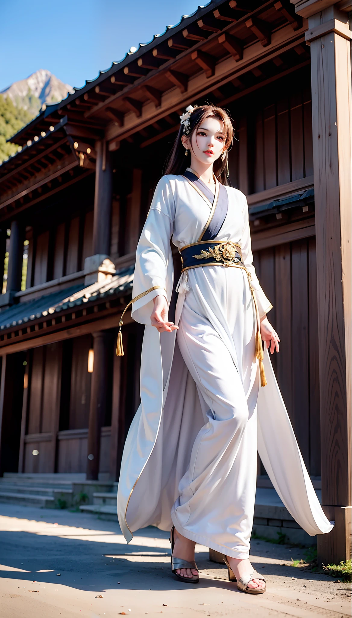 swordsmen,Hakuba,White robe white,long whitr hair,Ancient buildings,deep mountain,Tall and tall,Slender physique,Full body photo