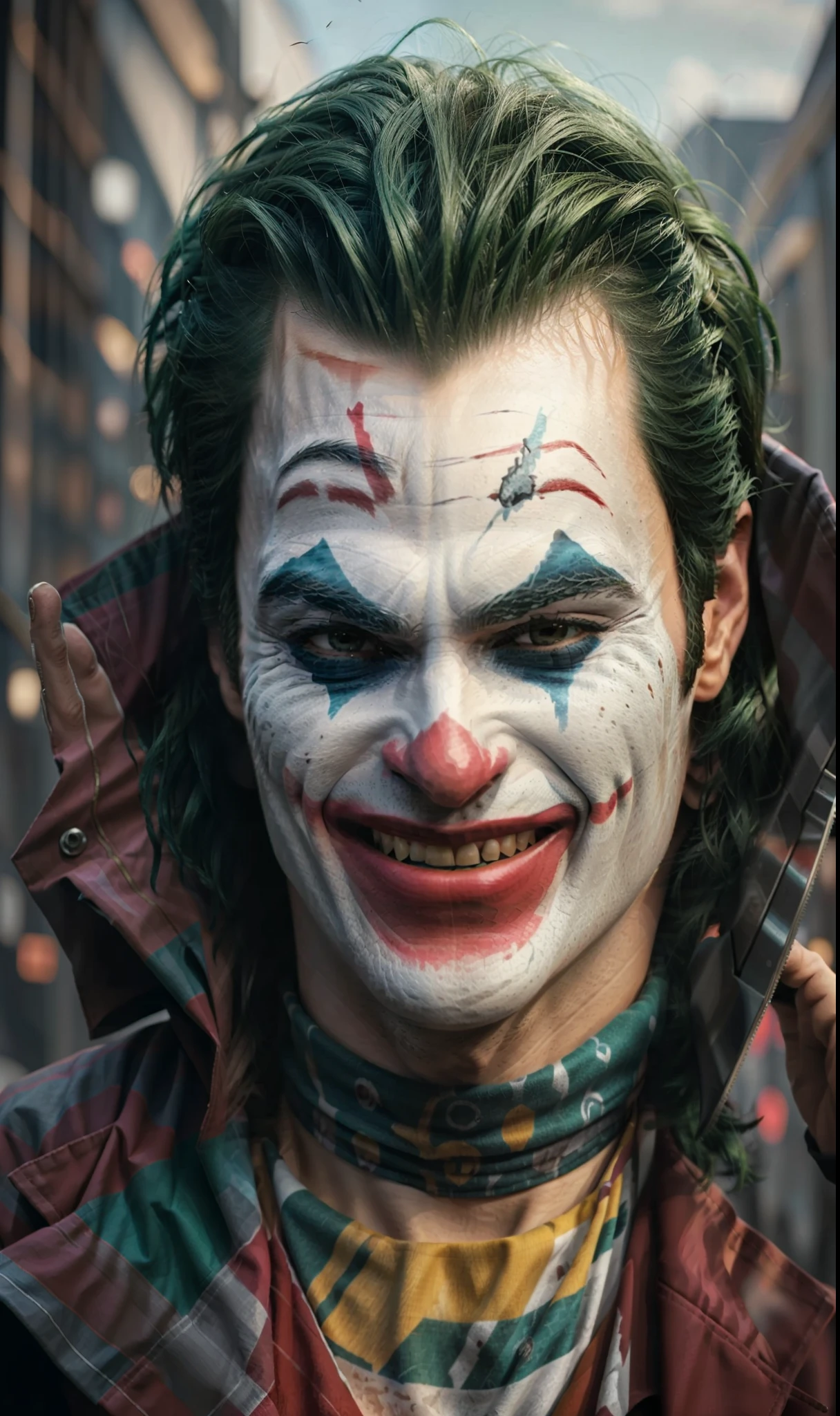 Coringa (pointing a gun at one's own head) riso louco, alto detalhe, foco nítido, fotorrealista, mal-humorado, esfumaçado, hiperdetalhado, 8k, motor frostbite 3, cryengine, usado fones de ouvido, dof, Trends in Artstation, arte digital, (frontal: 1.1) , cidade ao fundo, psicopata, psicopata, foto da parte superior do corpo, cabelo super detalhado, camiseta com imagem do batman
