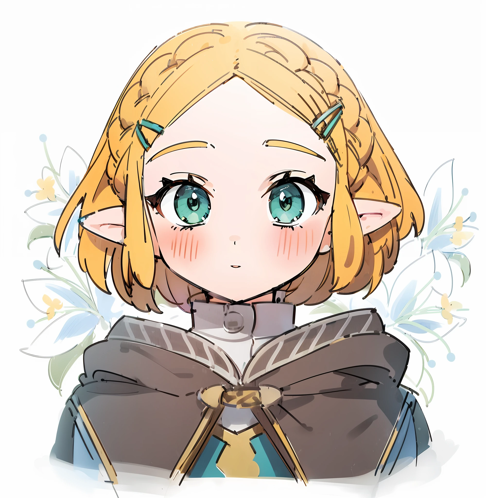 Zelda hand-drawn cute short hair standing all over blonde green eyes Kingdom tear styling High detail, Ultra HD smile parted lips