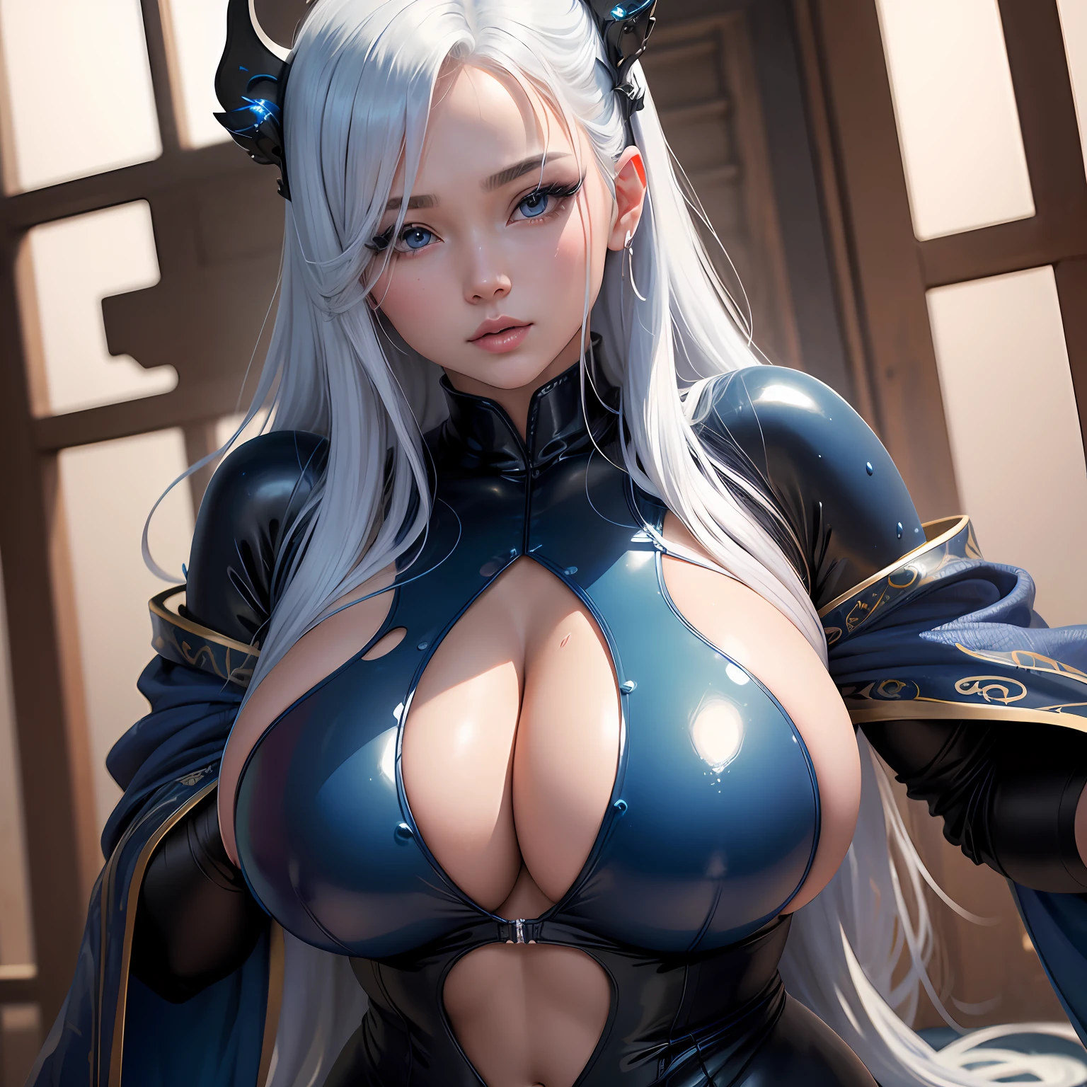 (masterpiece), (best quality), (ultra-detailed), (masterpiece), (best quality), (ultra-detailed), Mature female body, Hot grand lady, (photorealism), masterpiece, best quality, portrait, (Japanese KPOP Idol:1.2), (beautiful realistic ), wide shot and, curvy body, woman in cat suit posing for a photo, sharp focus, Detailed anatomy, Ultra-wonderful face detail, (her deep blue-colored molten slime body under the coat), 29 I, a white-colored hot and erotic mesh, with an ultra-cute face of a young Japanese-Korean emo idol, (ultra-detailed eyes), (ultra-detailed skin -detailed), (super melting white hair), lying in bayl spaceship hangar, (dripping melting body), hyper huge breasts, wide hips, lots of hight end grips, photography, soft light, perfect young luxury face, photorealistic, Fix the fingers, the light is very bright Style: realistic, photorealism --auto