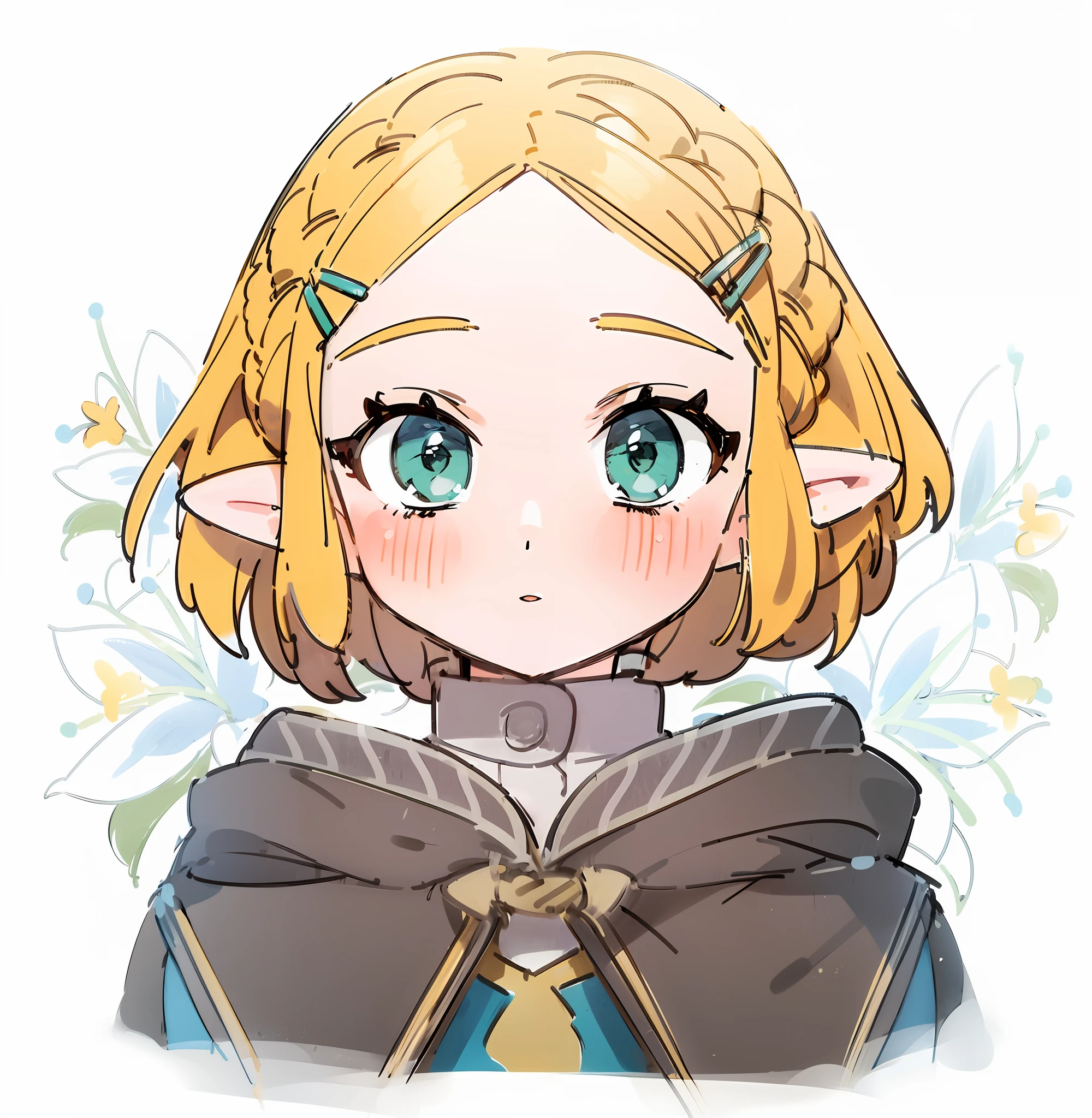 Zelda hand-drawn cute short hair standing all over blonde green eyes Kingdom tear styling High detail, Ultra HD smile parted lips