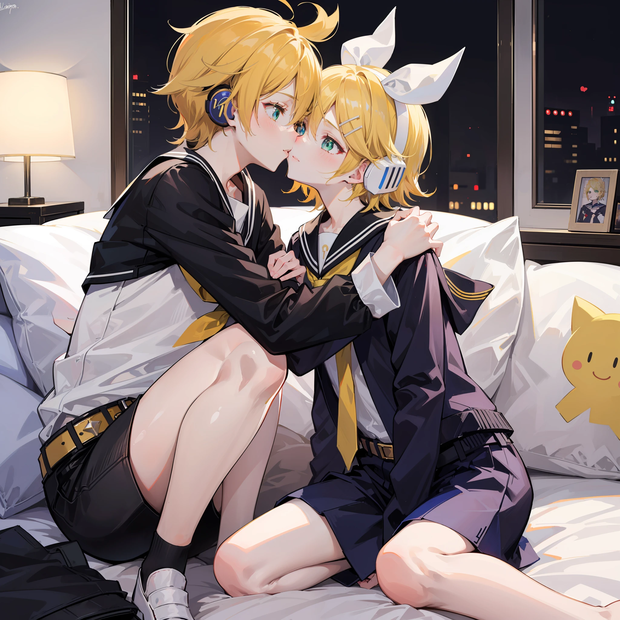 best quality, ultra precision, one boy and one girl, (a boy is Kagamine_Len), (a girl is Kagamine_Rin), green eyes, cute, short hair, head phone, blond hair, sailor uniform, black short pants, belt, yellow necktie, smile, , older sister and younger brother, twins, love each other, children, (boy is as tall as girl), kids, characters focus, couple, love each other, on bed, bedroom, night, blush, (kiss), look at each other, (hug), be smitten, sitting on bed