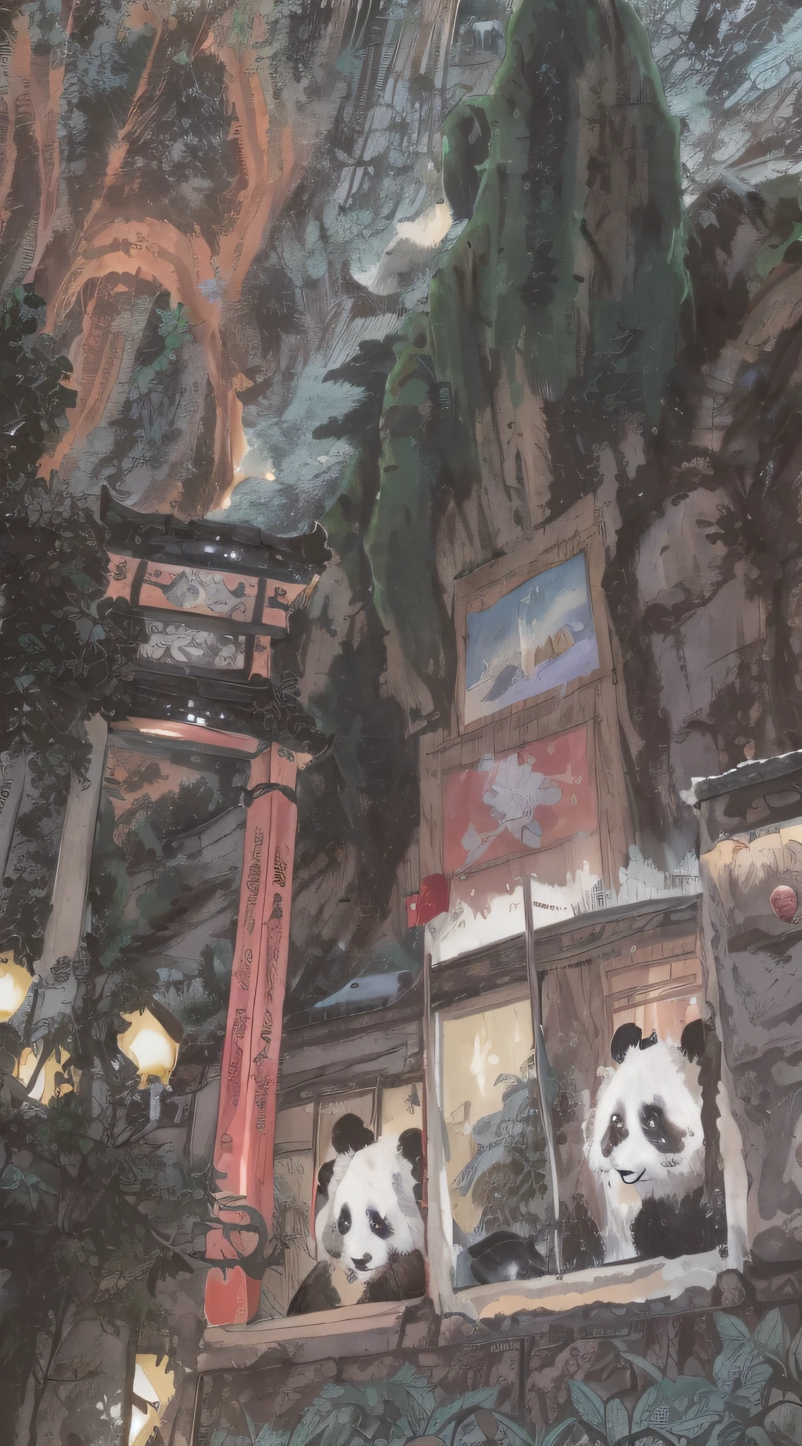 Draw pandas on the windows of buildings,The background is a mountain, traditional japanese concept art, Inspired by Yoshida Hanbei, Detailed painting 4 K, inspired by Tōshi Yoshida, Anime landscape concept art, artwork in the style of z.Show on the. gu, highly detailed 4 k painting, feng zhu |, Chinese watercolor style
