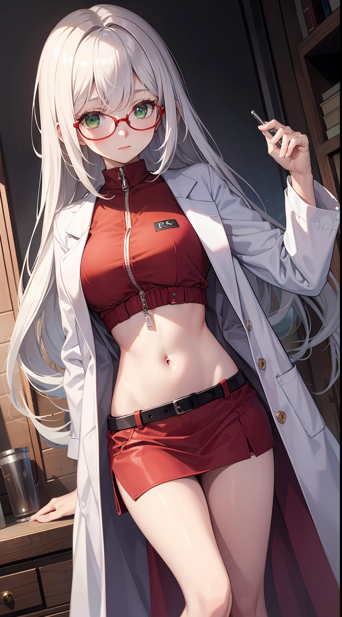 young girl, Long white hair, Green eyes, red glasses, labcoat, open belly, upskirt, Masterpiece, hiquality