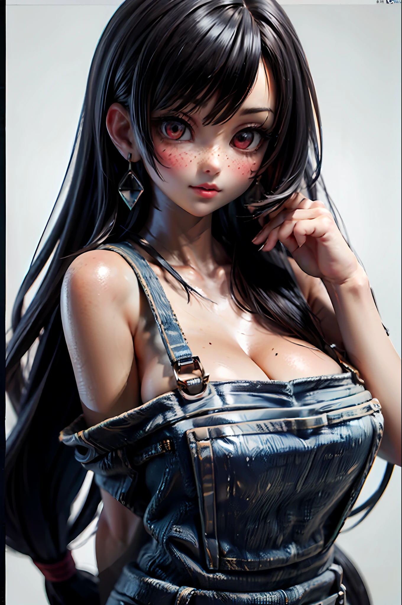 (masterpiece:1.2, best quality:1.2, beautiful, high quality, highres:1.1, aesthetic),detailed,extremely detailed,ambient soft lighting,4K,perfect eyes,perfect face,perfect lighting,1girl,bangs,bare shoulders,blush,border,breasts,cleavage,collarbone,earrings,freckles,jewelry,large breasts,letterboxed,lips,long hair,looking at viewer,naked overalls,no bra,overalls,parted bangs,parted lips,pink eyes,black hair,sideboob,simple background,solo,upper body,white background,Suspenders,, tifa_lockhart