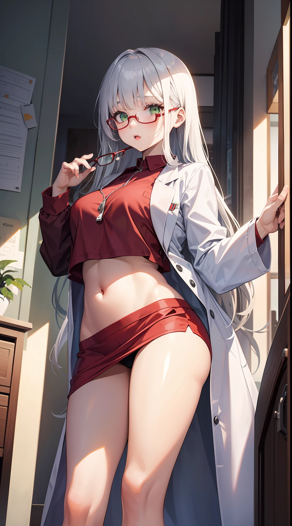 young girl, Long white hair, Green eyes, red glasses, labcoat, open belly, upskirt, Masterpiece, hiquality