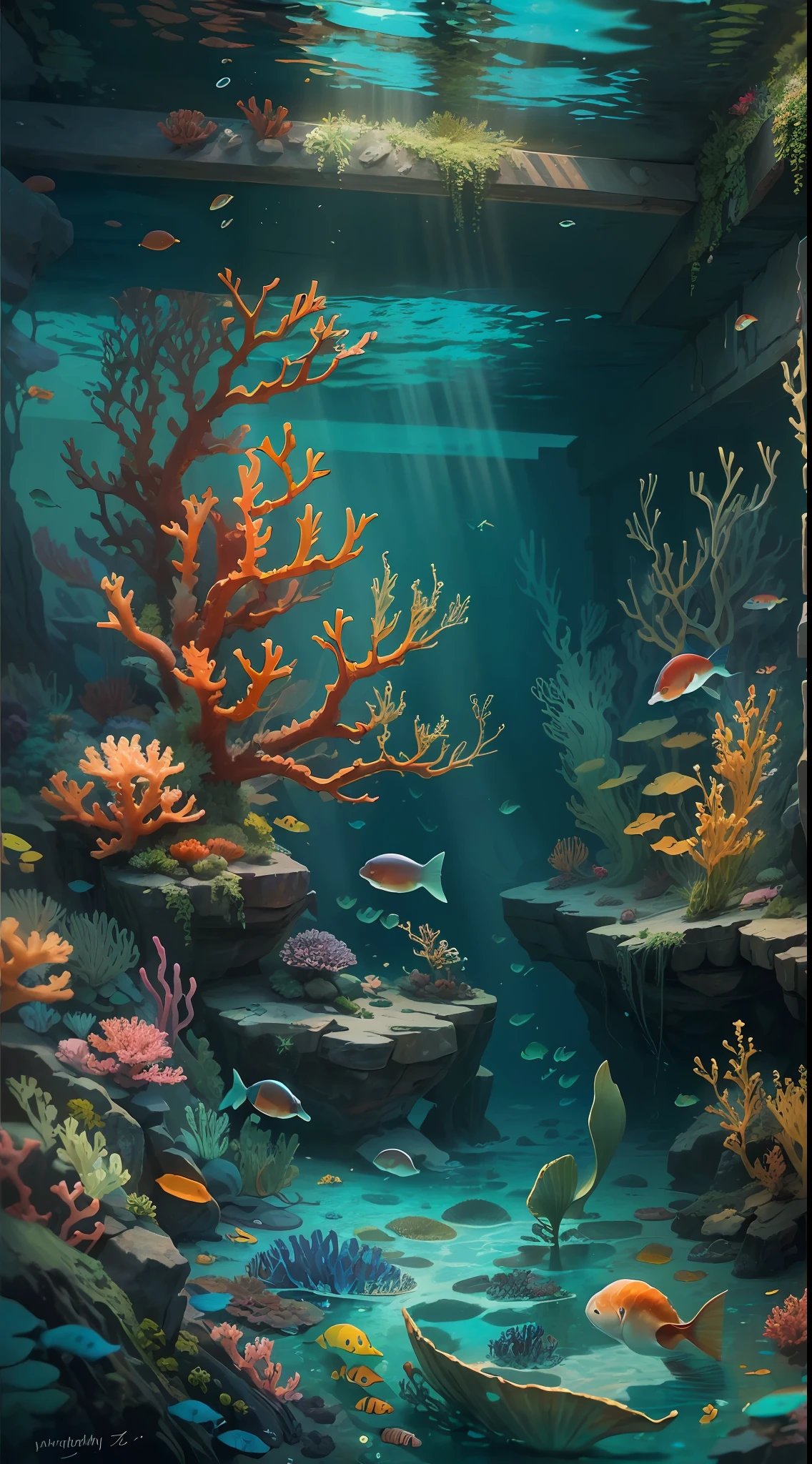 (digitial painting,mermaids:1.2),(Brightly colored coral reefs),(A mysterious underwater world:1.2,Exotic marine life and seaweed:1.2),(Underwater beauty under the sun:1.2,Add to the mystery of the wreck:1.1),(Realistic reproduction of marine life:1.1)