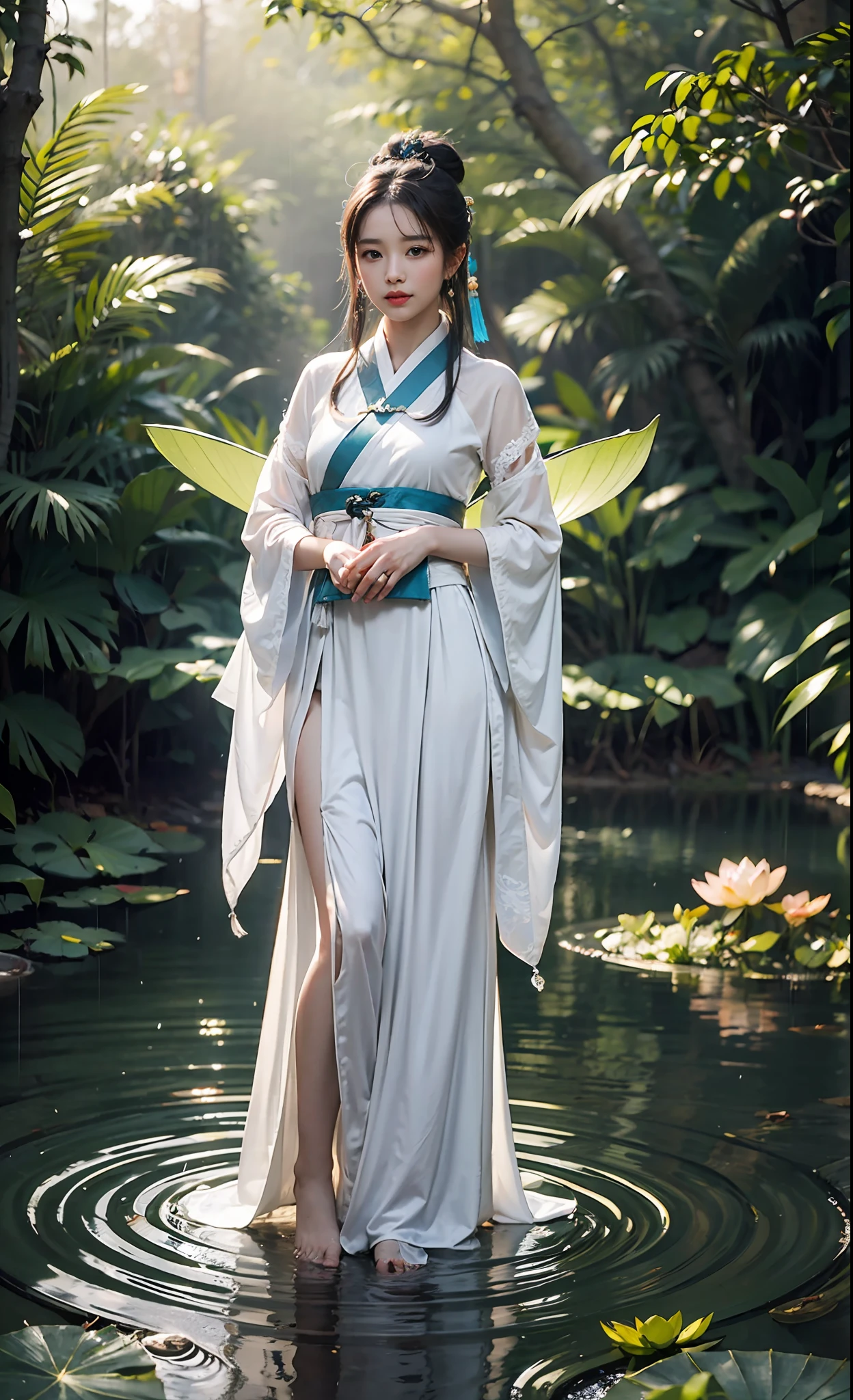 realisticlying, Close-up Shot Shot,Complicated details, ultra - detailed, Natural skin texture, 1 rapariga, Bunched hair,hair-bun,Beautiful Chinese woman wearing white Hanfu robe cloak,faeries,White mist,Golden light,White mist,Outdoors,In Hangzhou West Lake,In ancient Chinese pavilions,(colorful、vividness、rays of sunshine、Cool light:1.2)Lotus leaves in a pond,exquisit facial detail,Dynamic posture,exquisite detailing,Broad perspectives,epic detail ighly detailed,Global illumination - AR 3:2 - q 5 - v 5.1 - Style RAW - S 750,in the style of influenced by ancient chinese art,复杂,high detal,tack sharp focus,dramatic,Photorealistic painting art,Lotus leaf,Spring rain,brightly,llight rays,atmospurate,Bright shades of spring,super detailing,16k,best qualtiy,softlighting,the space,crystal-clear,natural soft light,Surreal photography,Full body photo