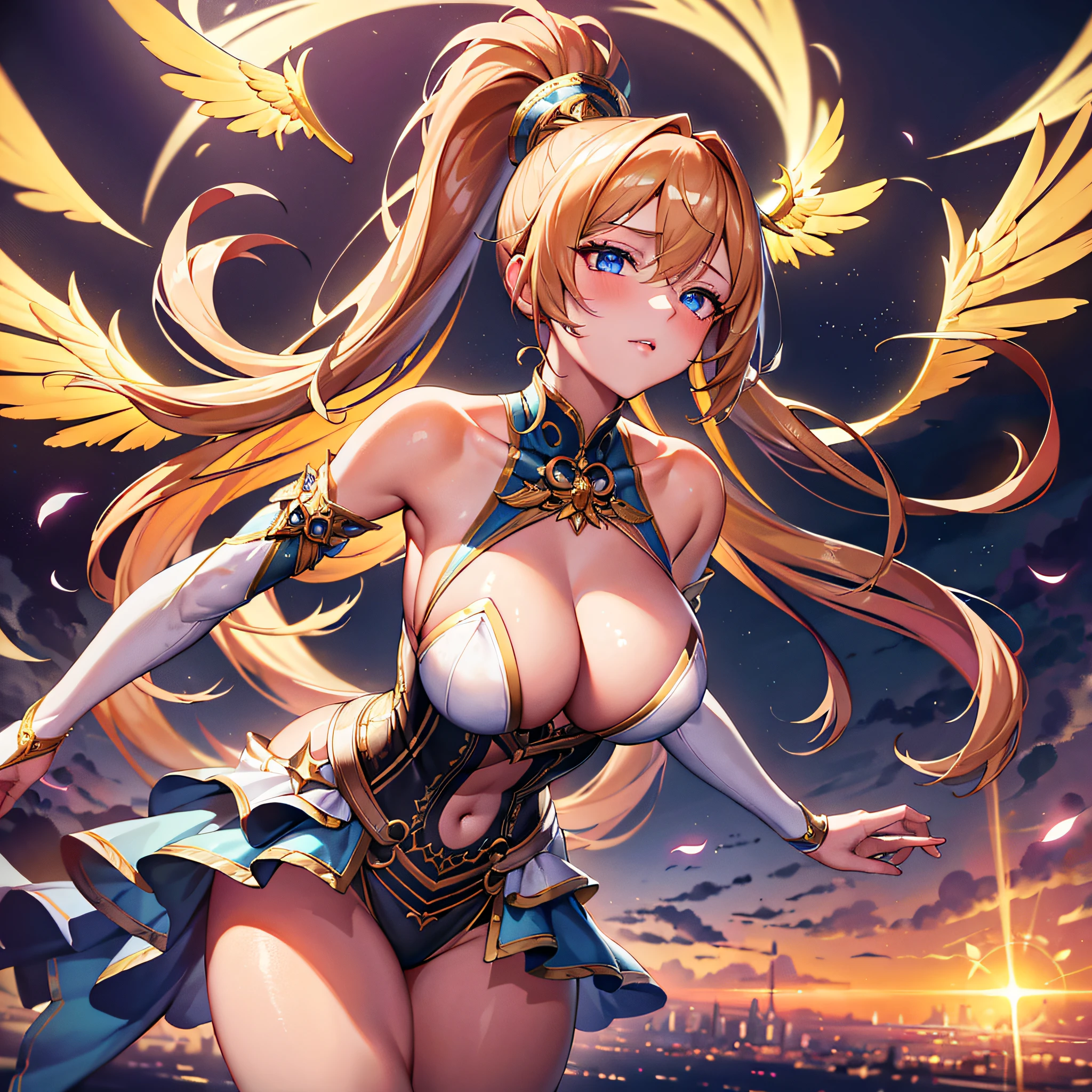 ((Masterpiece)), best quality, absurderes, ultra detailed, super beautiful asian girl with beautiful eyes, beautiful glowing blonde hair, high ponytail, nice and sexy body, coming down from heaven wearing a beautiful fighting angel outfit, with most beautiful wings coming from her back, full of light and luminescence, very immersive, unique and beautiful, top angel --auto