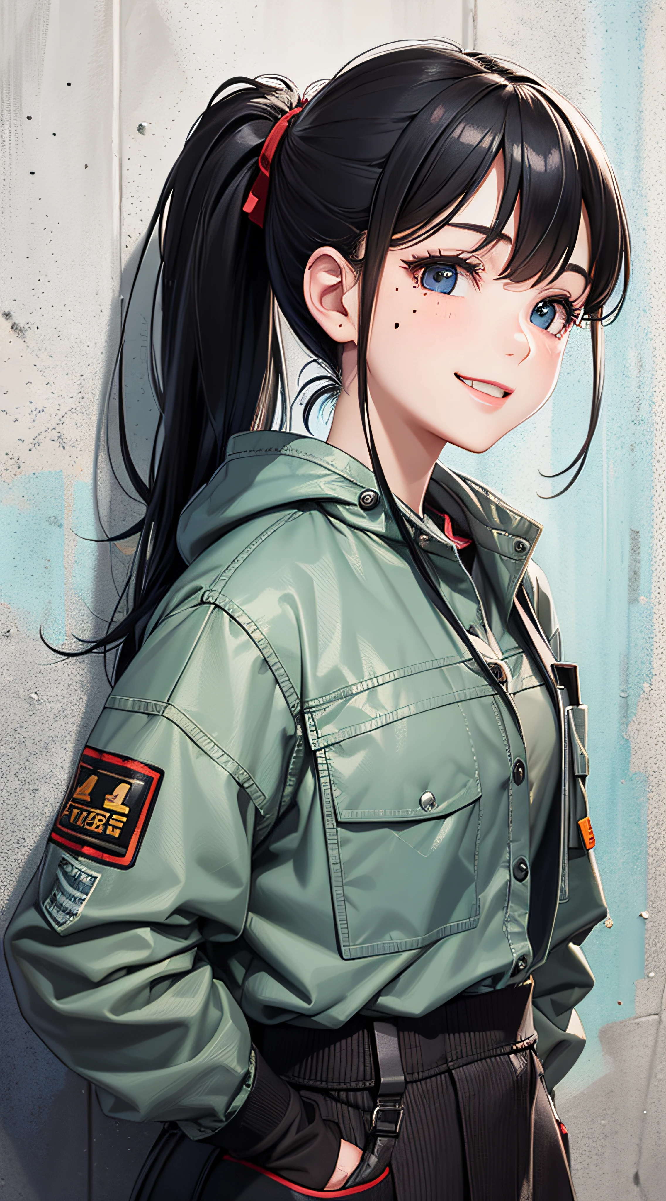 Best Quality、Illustration of a girl working in a mechanic workshop, With a full-length image、Ponytail with black hair、Black eye、the presence of moles under the eyes,、Wear work clothes、While wearing safety shoes、Smiling in front of a concrete wall