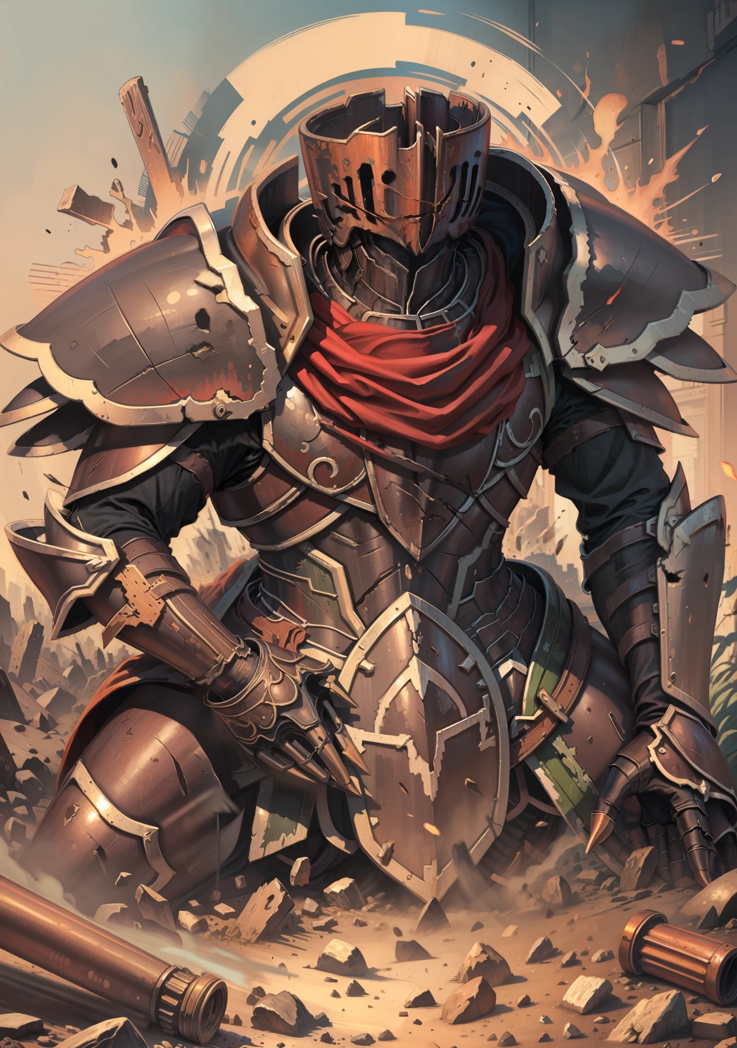 Best Quality, super detailed illustration, Rusty Knight, cracked armor, Rust