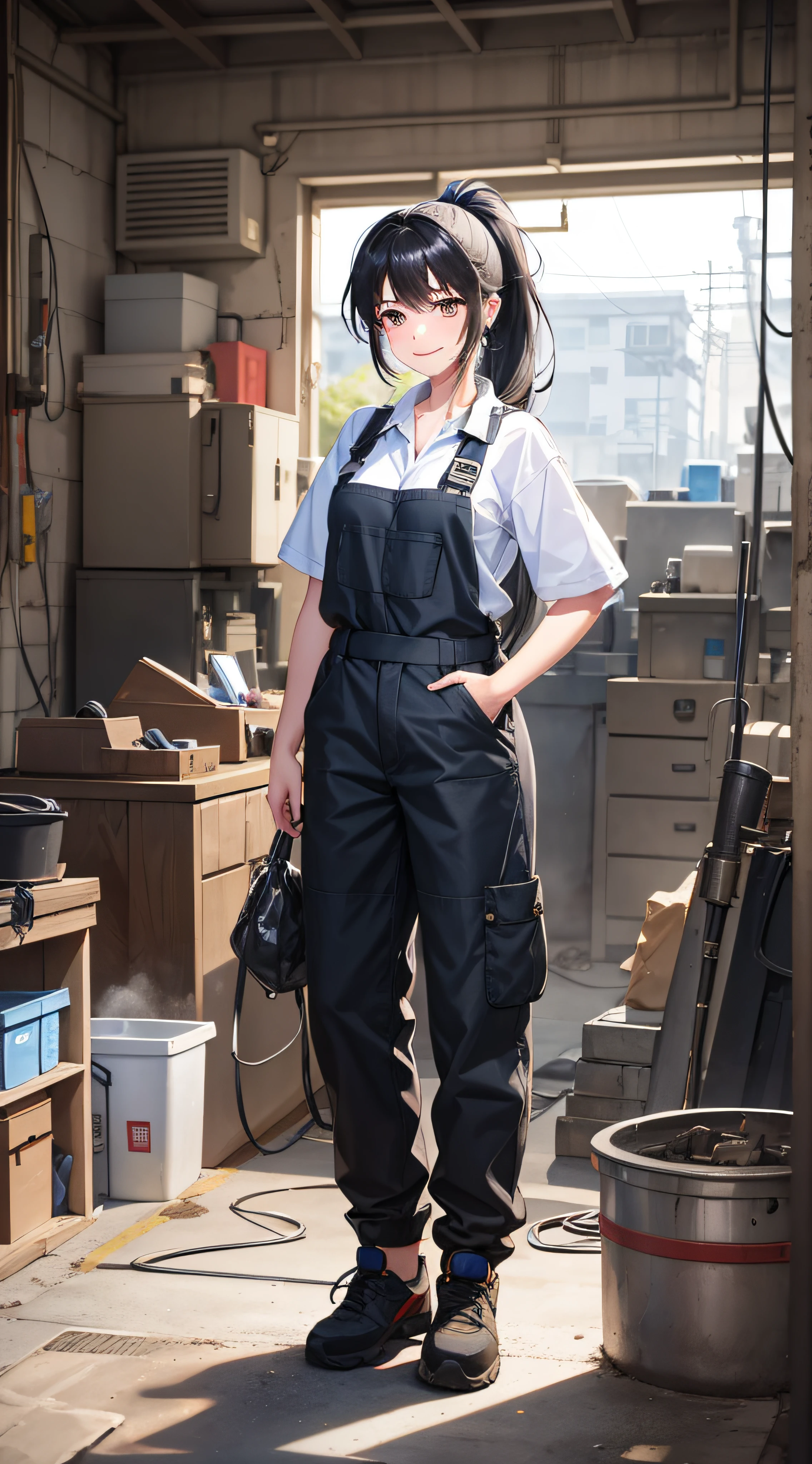 Best Quality、Illustration of a girl working in a mechanic workshop, With a full-length image、Ponytail with black hair、Black eye、the presence of moles under the eyes,、Wear work clothes、While wearing safety shoes、Smiling in front of a concrete wall