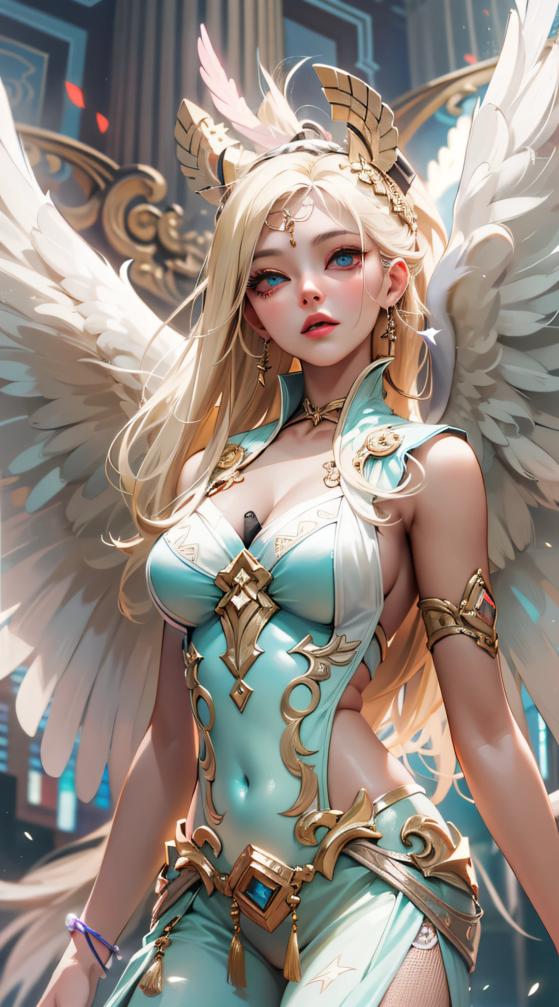((Masterpiece)), best quality, absurderes, ultra detailed, super beautiful asian girl with beautiful eyes, beautiful glowing blonde hair, high ponytail, nice and sexy body, coming down from heaven wearing a beautiful fighting angel outfit, with most beautiful wings coming from her back, full of light and luminescence, very immersive, unique and beautiful, top angel