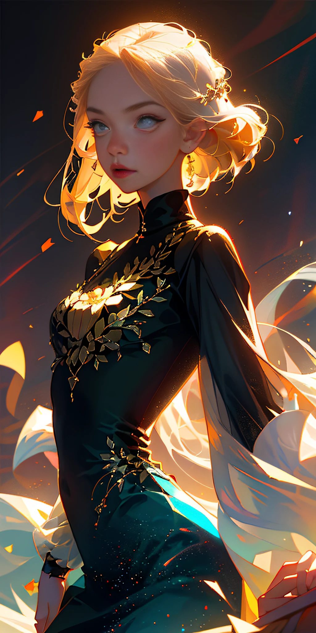 (Need,tmasterpiece),1girll,Pose,Particle,ventania,florals,The upper part of the body,simplebackground,looking at viewert,Focus on the face,blond hairbl,delicated face,cool emoji,Look at the audience