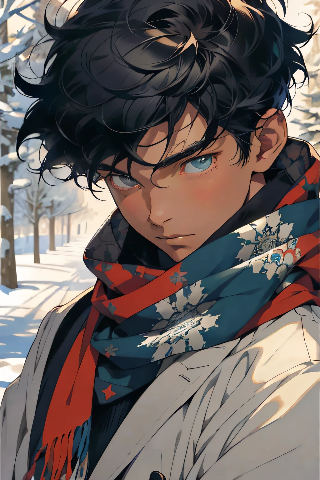 Realistic, (masterpiece, top quality, best quality, official art), very detailed, colorful, most detailed, gods, short hair, black hair, handsome men, snowflakes, scarves, snowfields