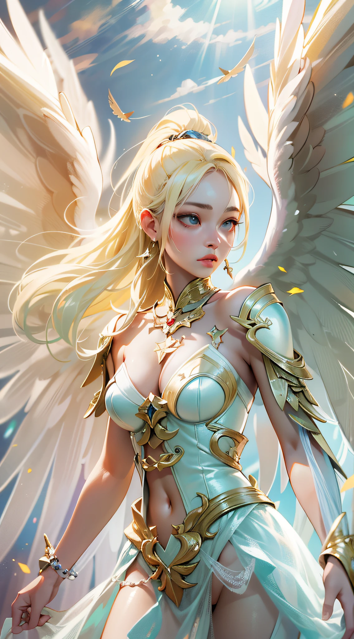 ((Masterpiece)), best quality, absurderes, ultra detailed, super beautiful asian girl with beautiful eyes, beautiful glowing blonde hair, high ponytail, nice and sexy body, coming down from heaven wearing a beautiful fighting angel outfit, with most beautiful wings coming from her back, full of light and luminescence, very immersive, unique and beautiful, top angel