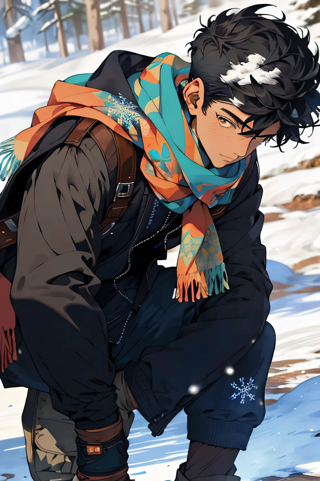 Realistic, (masterpiece, top quality, best quality, official art), very detailed, colorful, most detailed, gods, short hair, black hair, handsome men, snowflakes, scarves, snowfields