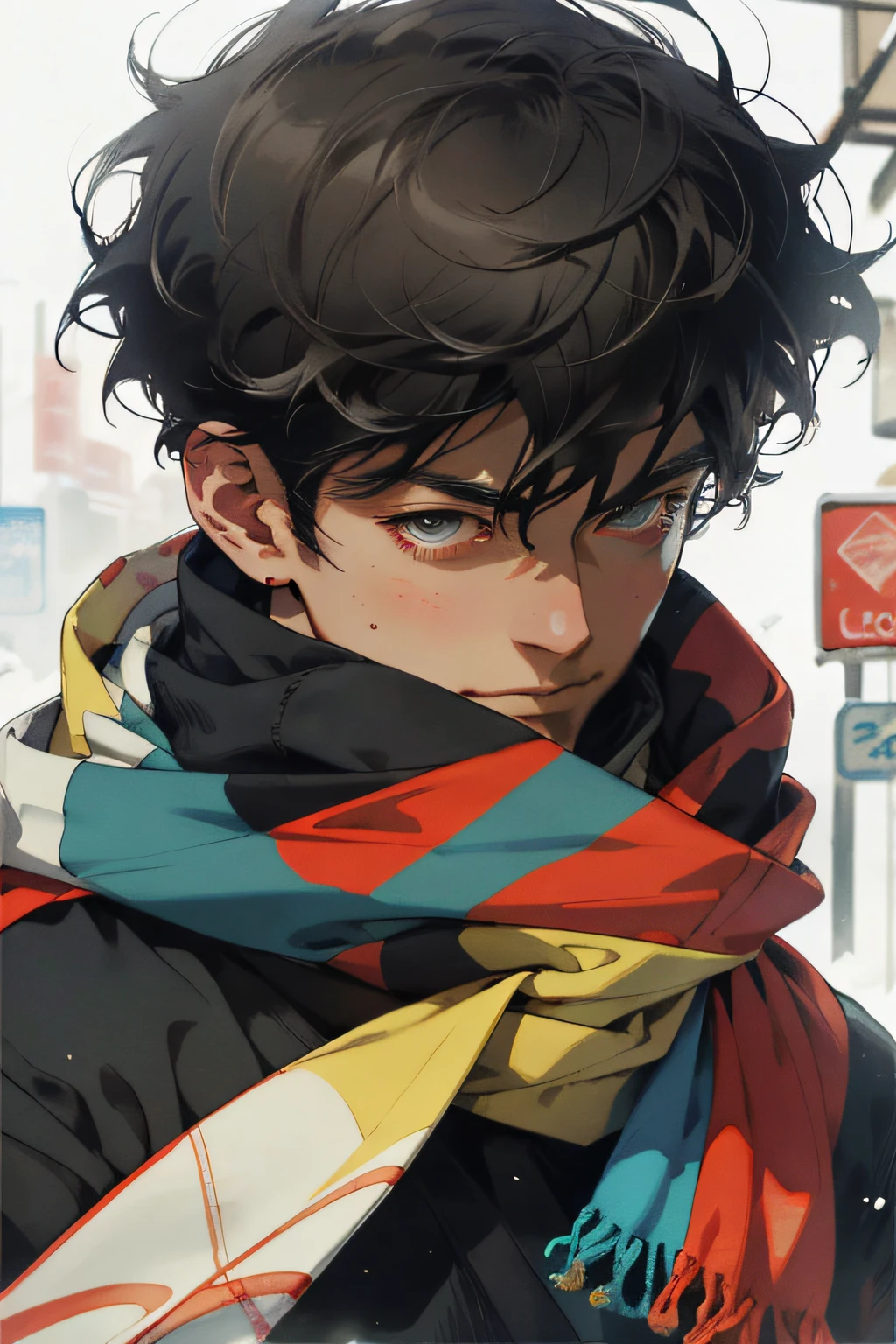 Realistic, (masterpiece, top quality, best quality, official art), very detailed, colorful, most detailed, gods, short hair, black hair, handsome men, snowflakes, scarves, snowfields
