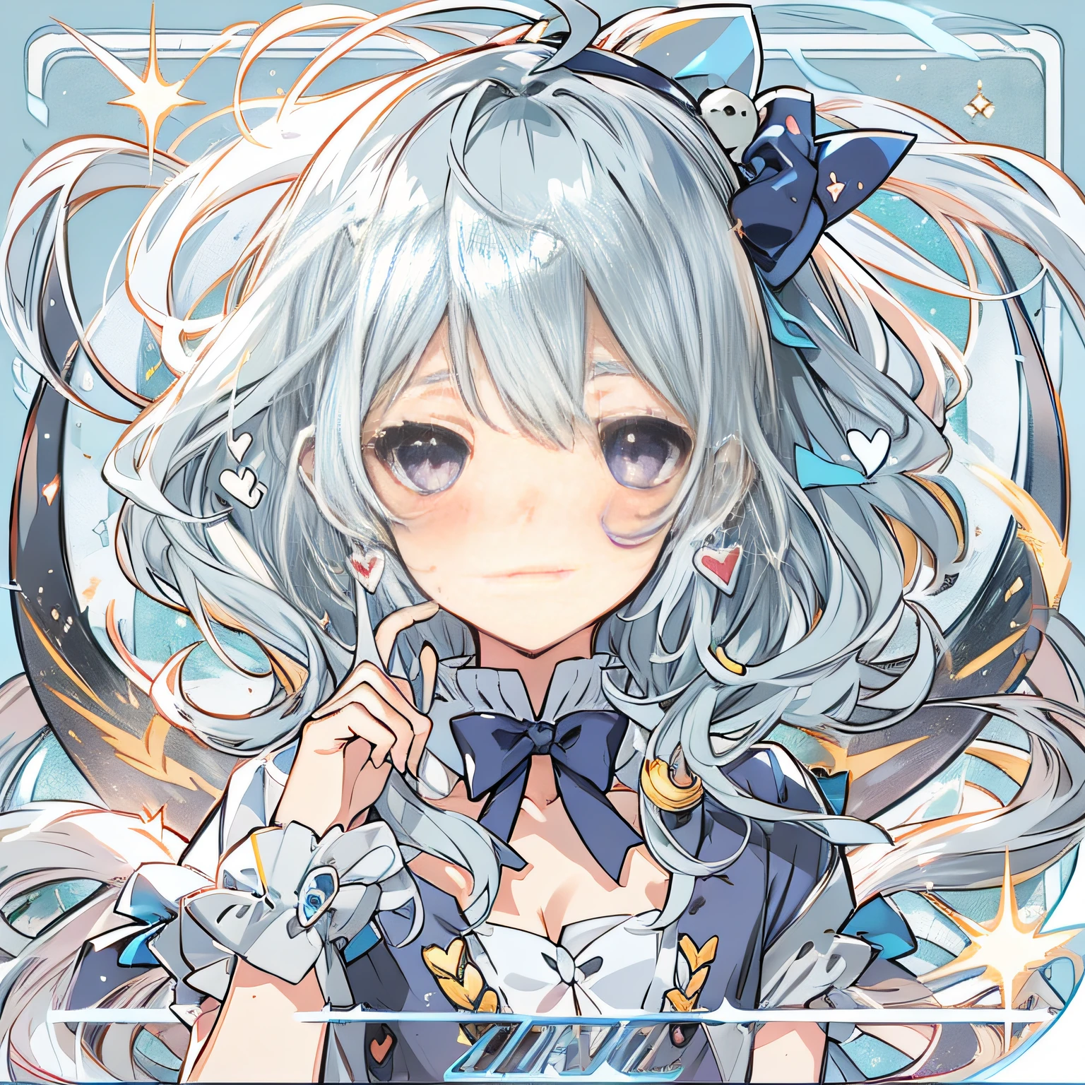 Silver hair, Light blue hair, ahoge, Long hair, Wavy hair, heart ahoge, Hair Bow, bell, kanzashi, Hairbell, bow hair band, Moles under eyes, One eye closed, Sparkling eyes, Purple eyes, Colored Contact Lenses, Crescent earrings, hearts in eyes, cheekbulge, Poke the cheek, full face blush, Anime, Anime style, Sparkle, Glowing light, god light, framed, in a panoramic view, Masterpiece, Textured skin, High details, Super detail, High quality