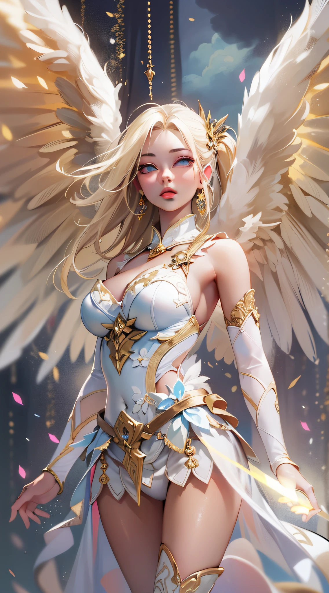 ((Masterpiece)), best quality, absurderes, ultra detailed, super beautiful asian girl with beautiful eyes, beautiful glowing blonde hair, high ponytail, nice and sexy body, coming down from heaven wearing a beautiful fighting angel outfit, with most beautiful wings coming from her back, full of light and luminescence, very immersive, unique and beautiful, top angel