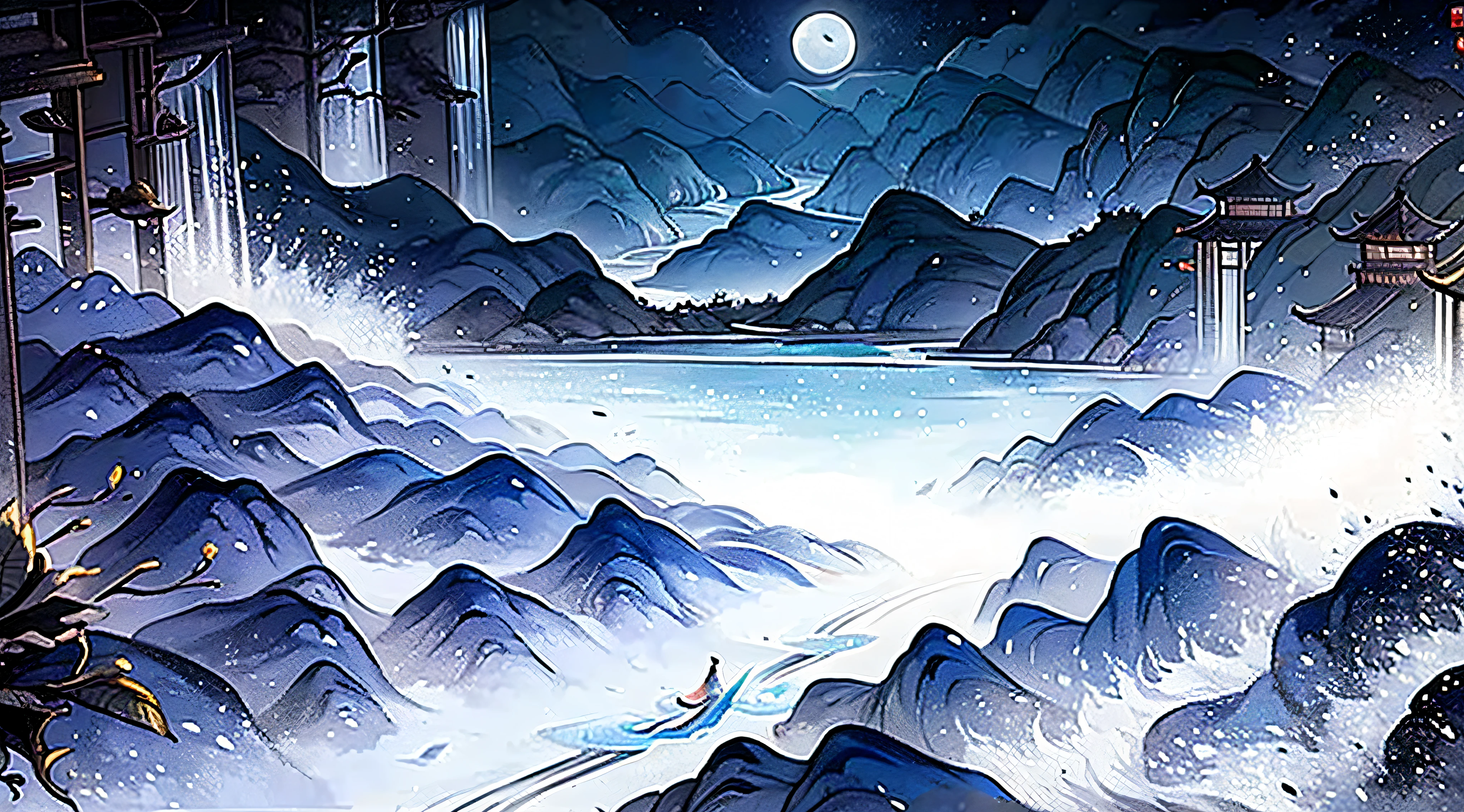 An ancient Chinese painting， Ancient Chinese background， mountain ranges， rios，Full moon and floating clouds， small bridge flowing water，rays of moonlight， tmasterpiece， super detailing， Epic composition， hyper HD， high qulity， extremely detaile， offcial art， 统一 8k 壁纸， super detailing， 32k -- v 6