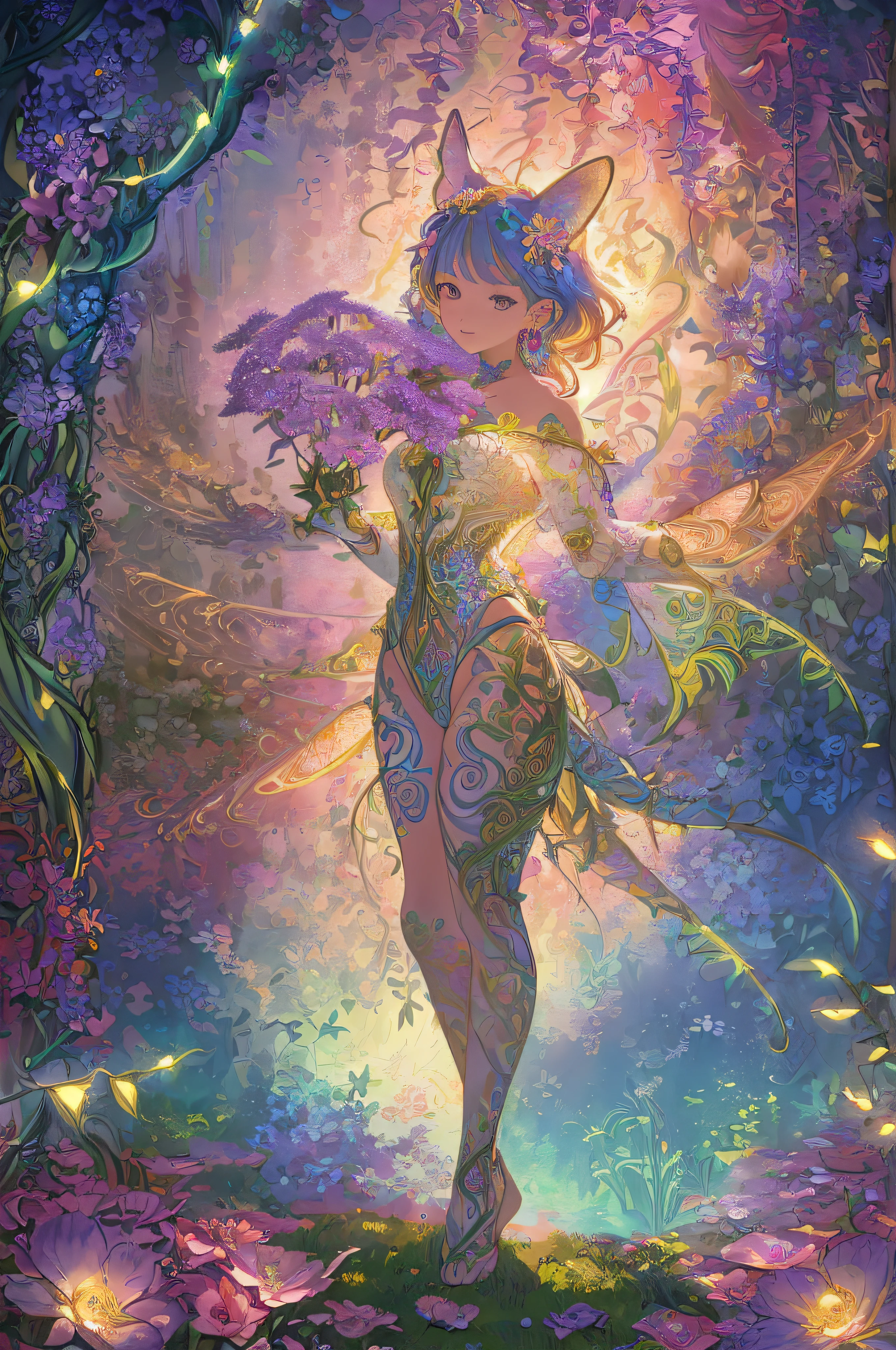 (masterpiece,beautiful and aesthetic:1.2), (1girl:1.3), extremely detailed,(fractal art:1.1),(colorful:1.1)(flowers:1.3),highest detailed,(zentangle:1.2), (dynamic pose), (abstract background:1.3), (shiny skin), (many colors:1.4),(earrings), (tail of light :1.5),ivy frame,