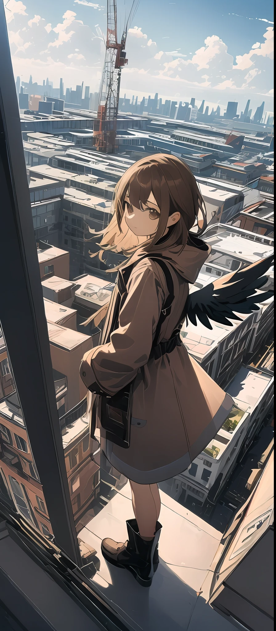 (masterpiece, best quality),from above , 1girl, solo, (feathered wings:1.2), billboard, brown eyes, brown hair, building, city, cloudy sky, coat, boots, crane \(machine\), dutch angle, from side, light frown, looking at viewer, outdoors, rooftop, sky, skyscraper