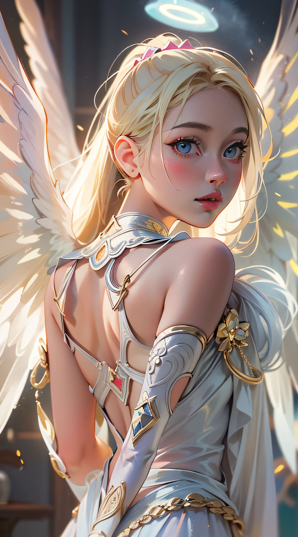 ((Masterpiece)), best quality, absurderes, ultra detailed, super beautiful asian girl with beautiful eyes, beautiful glowing blonde hair, high ponytail, nice and sexy body, coming down from heaven wearing a beautiful fighting angel outfit, with most beautiful wings coming from her back, full of light and luminescence, very immersive, unique and beautiful, top angel