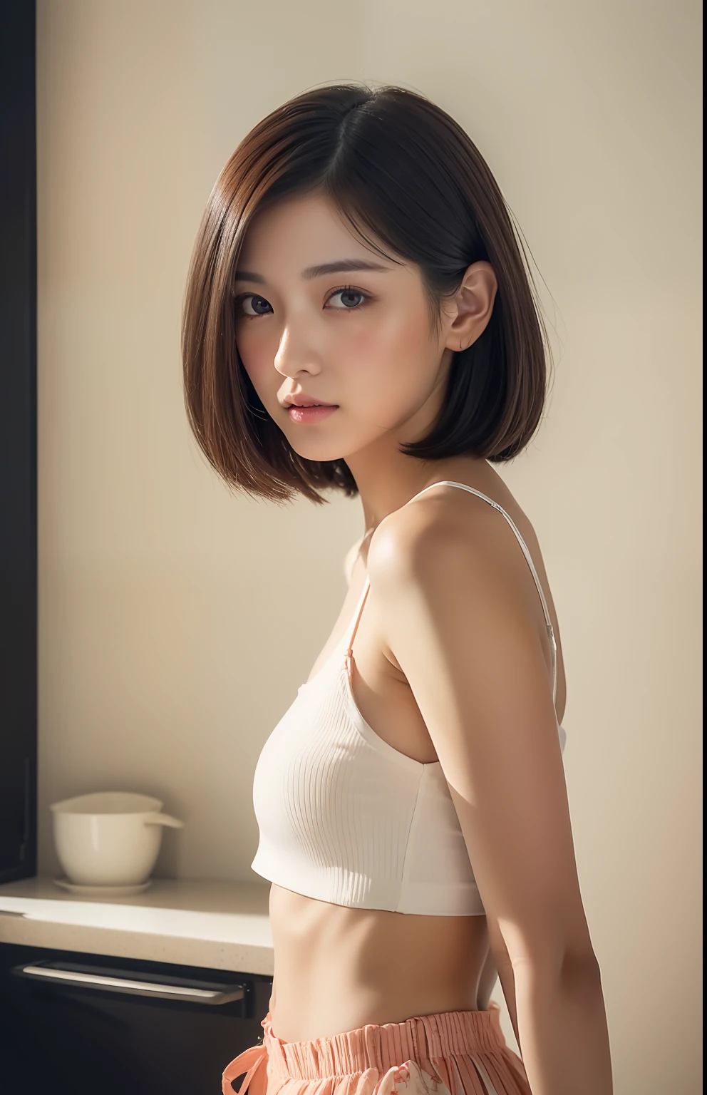 "A scene in the kitchen where Japan women in shortcuts are trying out new recipes"1 girl, a Beautiful idol, (Cute Loose Bob hair), (dressed casually), (showing midriff), (toned stomach), (Small breasts), (Bedroom), Symmetrical eyes, 超A high resolution, Photorealistic, 8K, Hyper-Realism, Dramatic Lighting, Photography, physically-based renderingt, ((Full body)), Best Quality, ((photos realistic)), (Detailed face), (8K, Raw photo, Highest Quality, masutepiece), high definition RAW color photos professional close-up photos, (Realistic, photorealisim:1.5), (Highest Quality), (Best Shadow), (Ultra High Resolution, Highly detailed CG unified 8K dendenden wallpaper), (aegyo sal:1), Beautiful detailed eyes, (Eyelashes:1), 123, Chinese Doll, hkgirl,