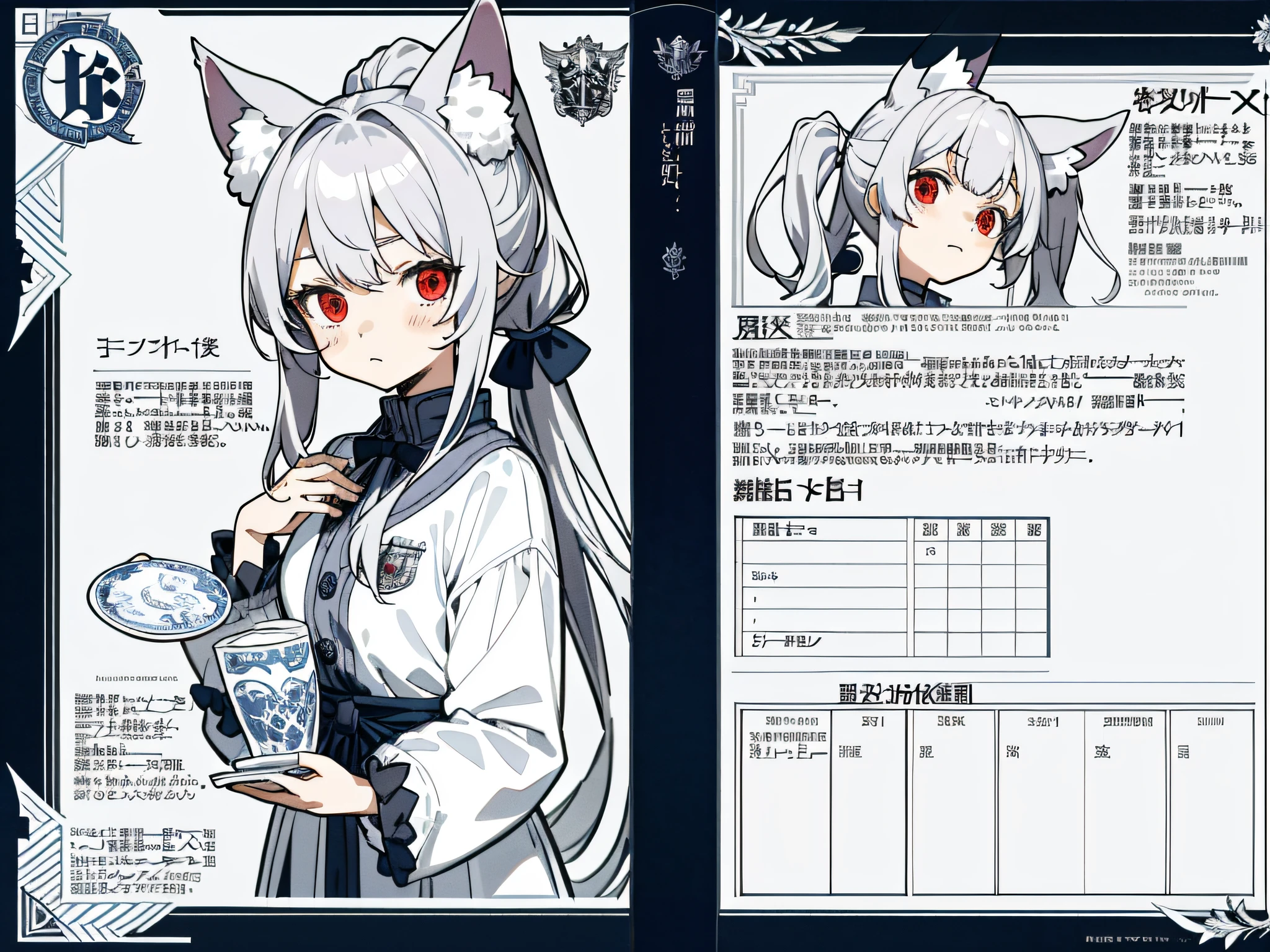 (tmasterpiece,best qualtiy)A detailed,People table,character sheets,Lots of items(The same person,beast ear,Many parts),Beast Girl,silber hair,Two Ponytail,red eyes,Low Twin Tails,Long, large animal ears,Soft pompom tail,be full of details,