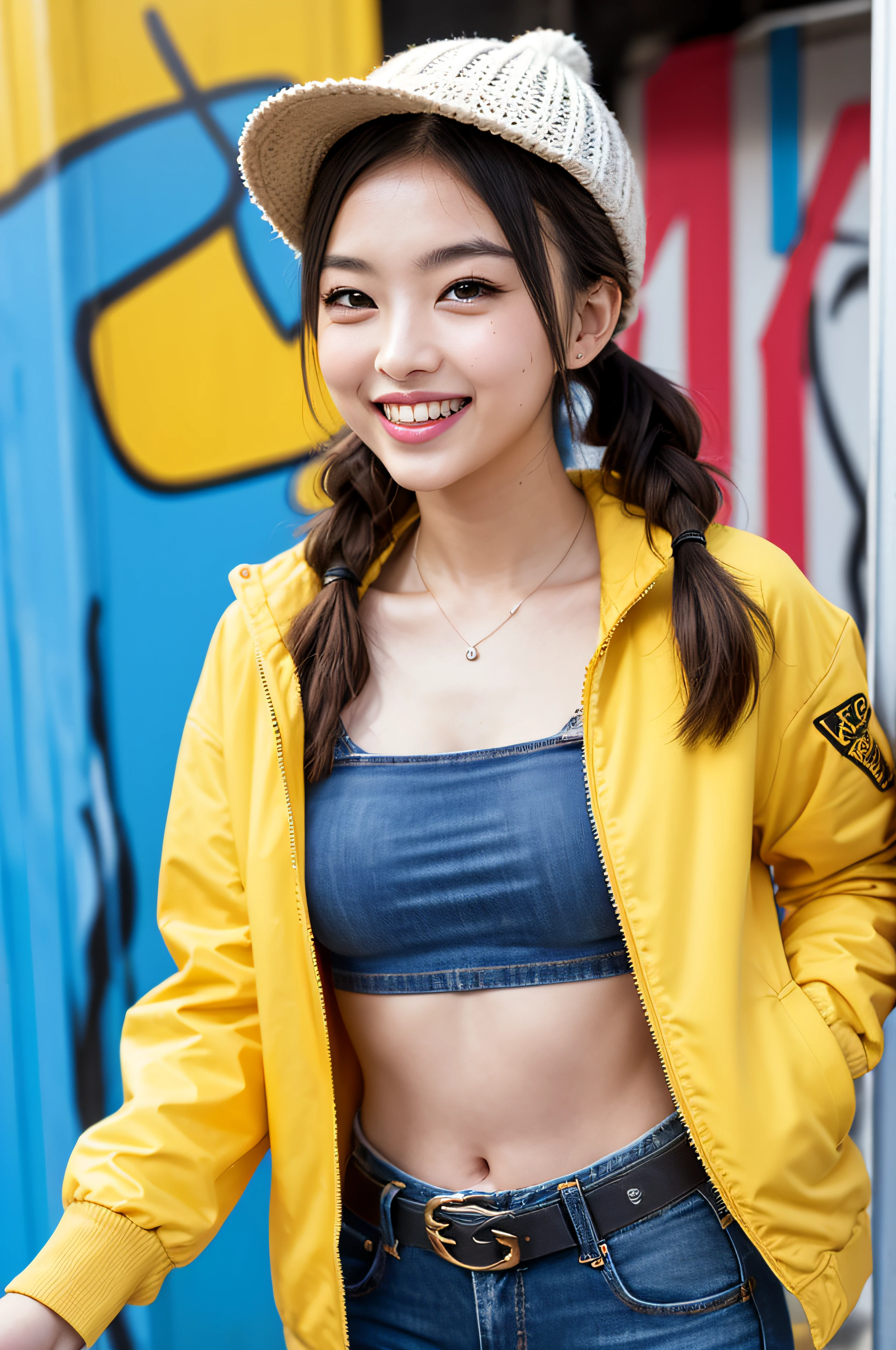 Original Character, Volumetric Lighting, Best Shadows, Shallow Depth of Field, Portrait Of Stunningly Beautiful Girl, Petite, Delicate Beautiful Attractive Face With Alluring Yellow Eyes, Messy Painted Face, Sharp Eyebrows, Broadly Smiling, Open Mouth, Fangs Out, Lovely Medium Breasts, Layered Long Twintail Blond Hair, Blush Eyeshadow, Thick Eyelashes, Applejack Hat, Oversized Pop Jacket, Mini Underboob Tee, Open Navel, Slim Waist, Denim Jeans Pants, With Buckle Belt, In The Graffiti Alley, Waste Container, Outside Stairs, Outdoor Unit, Holding Spray Paint Can, Standing, (Highest Quality, Amazing Details:1.25), (Solo:1.3), Brilliant Colorful Paintings