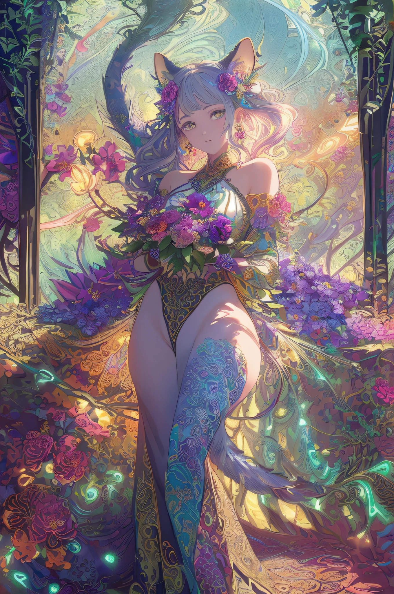 (masterpiece,beautiful and aesthetic:1.2), (1girl:1.3), extremely detailed,(fractal art:1.1),(colorful:1.1)(flowers:1.3),highest detailed,(zentangle:1.2), (dynamic pose), (abstract background:1.3), (shiny skin), (many colors:1.4),(earrings), (tail of light :1.5),ivy frame,