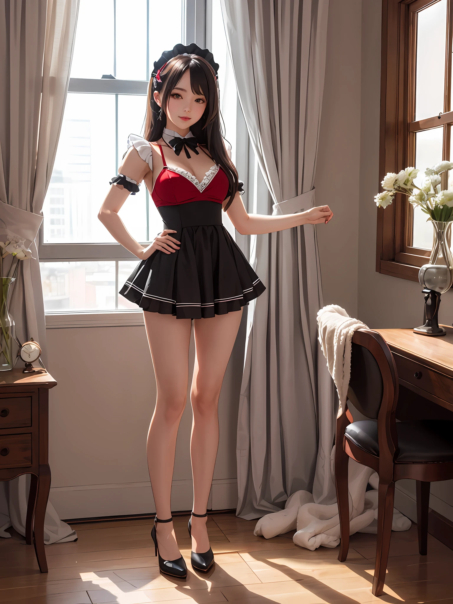 girl in a short dress standing in front of a window, in dress, red panties, cute a nice dress, wearing a black dress, anime girl in a maid costume, gorgeous maid, long hair, smooth , red bikini outfit, full body, standing beside the window