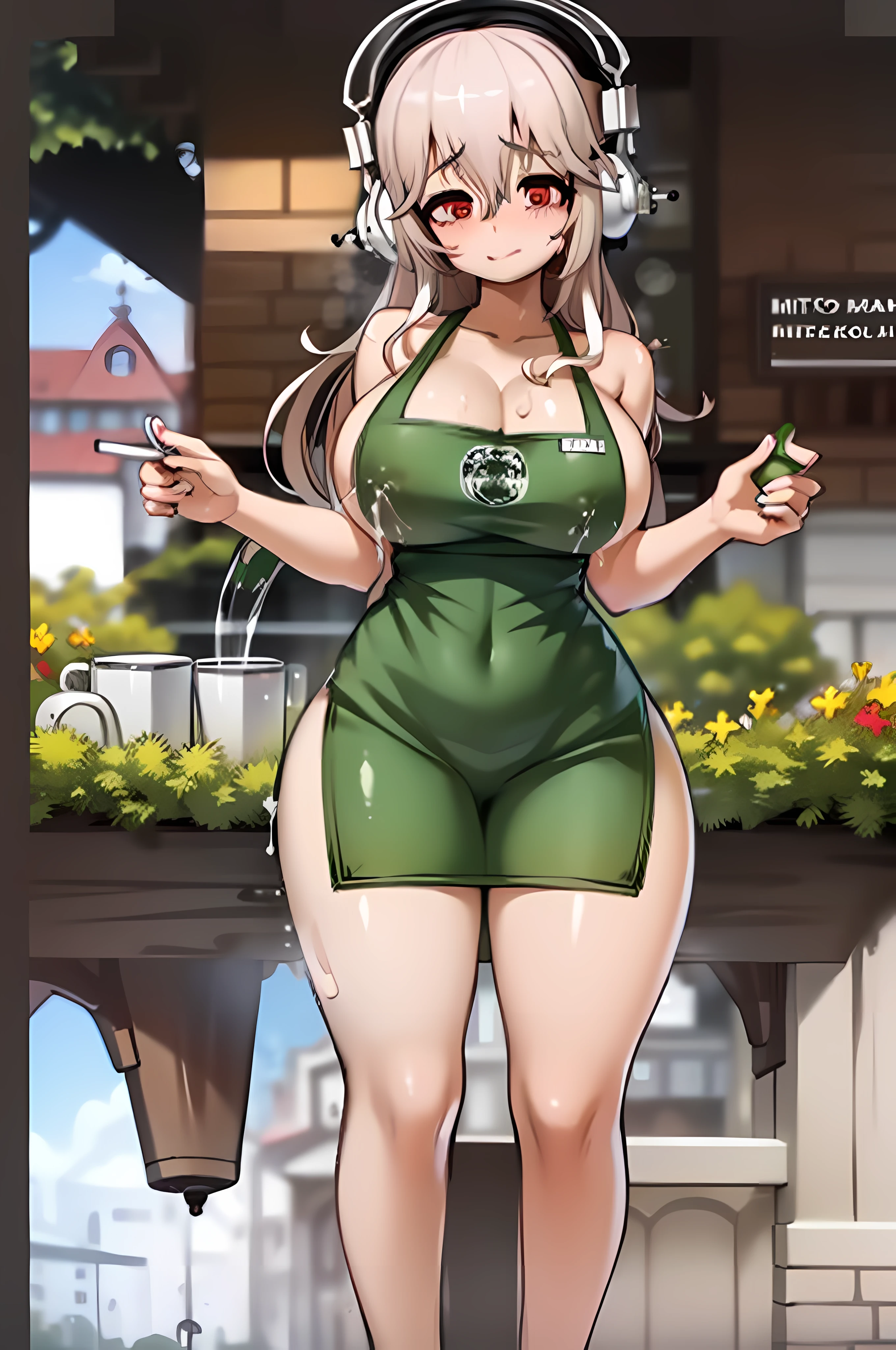 (​masterpiece、top-quality:1.2), 独奏, 1girl in, super sonico, A smile,  headphones, red eyes, (huge-breasted:1.3),  (NAKED Apron:1.3), Green apron, Sweat, Looking at Viewer, holding cup, Coffee Cup, blush,, cafes, barista, Breast milk latte, lactation through clothes, lactation,(Dripping breast milk:1.4)