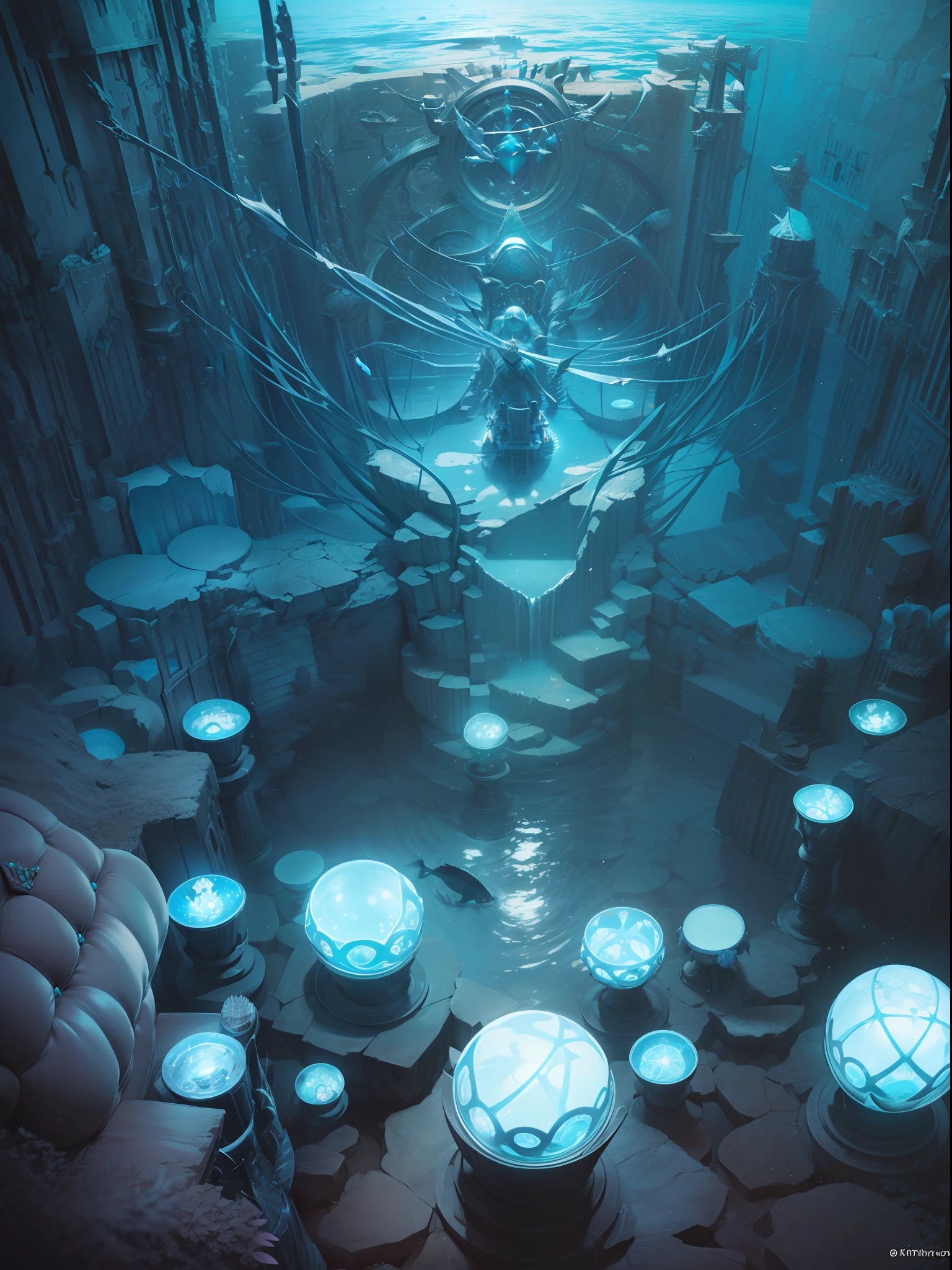 The highest image quality、masterpiece、超A high resolution、Inside the underwater temple、((Empty Throne:1.8))、(Fishman in kneeling scale armor)、collapse、abyssal、Water enters through cracks in the walls、Lots of deep-sea fish、Countless swords and arrows stuck in the wall、reefs、Large amounts of plastic waste